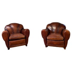 A Fantastic & Rare Pair of 1950’s French Leather Club Chairs Trilobe Models