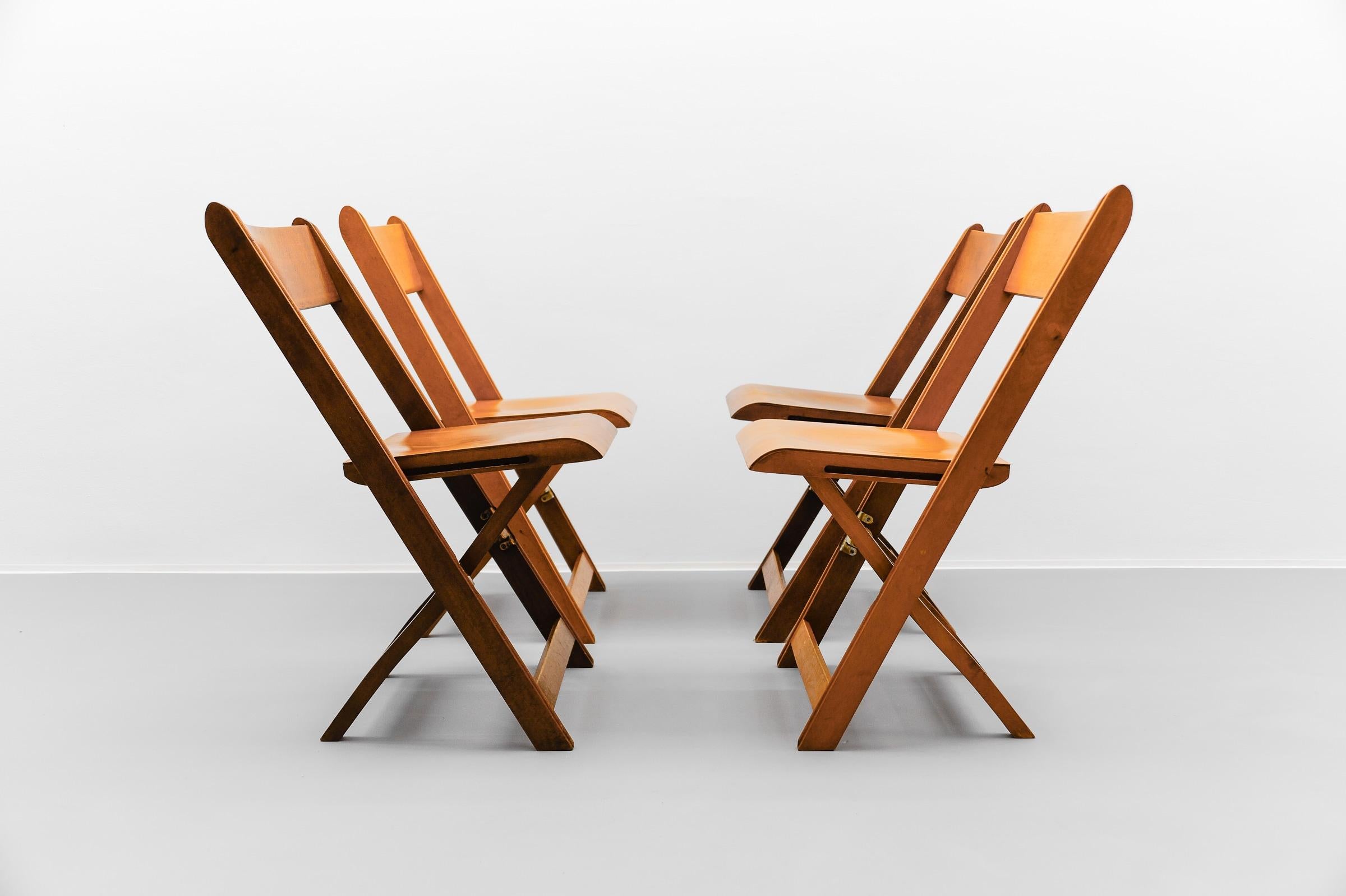 Bauhaus A Fantastic Set of 4 German Cinema Wooden Folding Chairs from the 40s / 50s