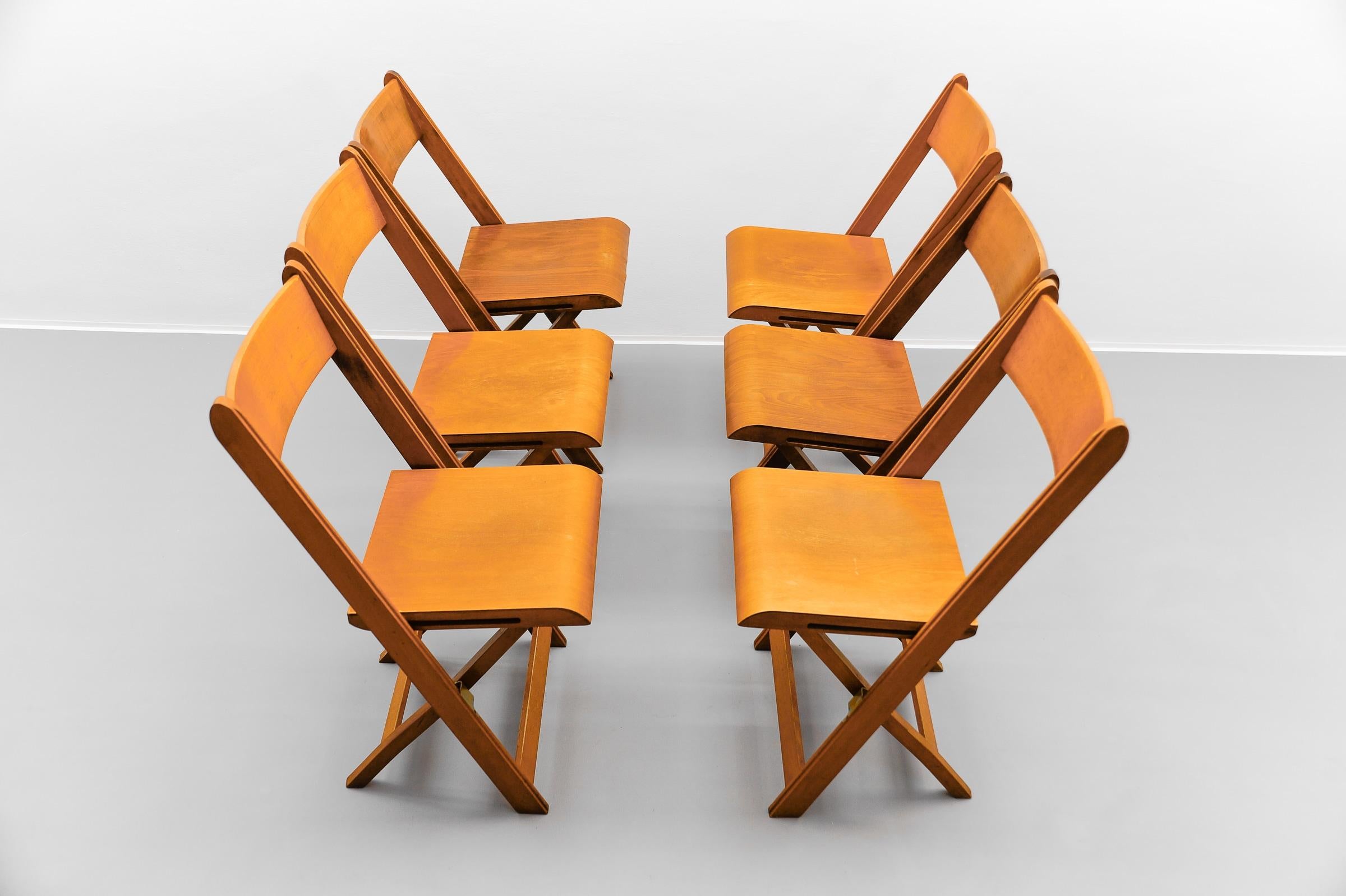 Bauhaus A Fantastic Set of 6 German Cinema Wooden Folding Chairs from the 40s / 50s