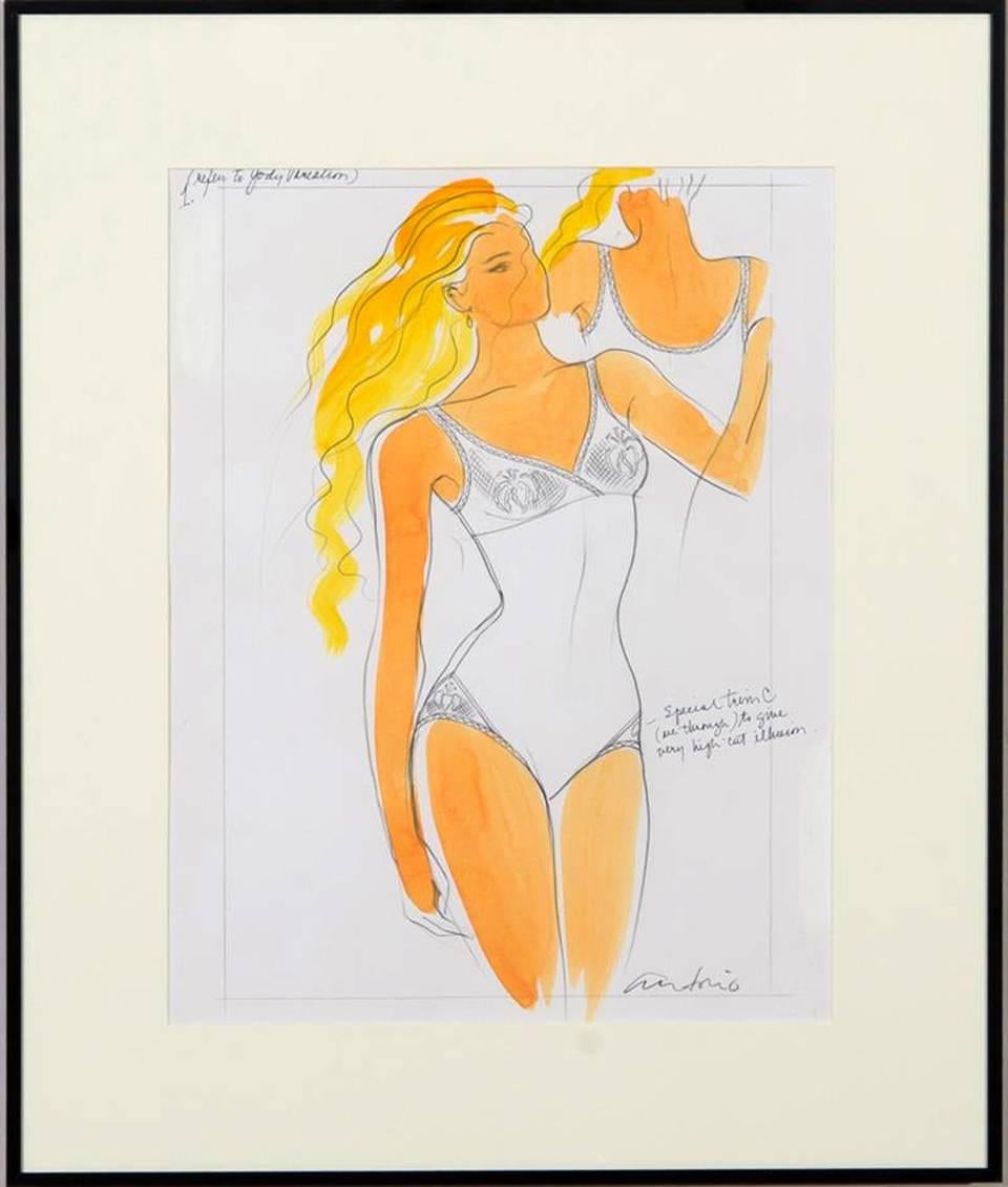 A suite of five fashion illustrations of swimming suites by Antonio Lopez (1943-1988). All in pencil and watercolor in the same color and style scheme done in a set. Each with many inscription, reference name notes and signature. All matted and