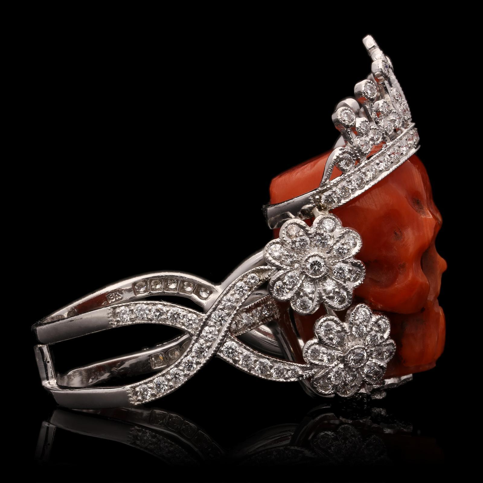 Contemporary Fantastical Diamond and Coral Skull Ring by Lydia Courteille