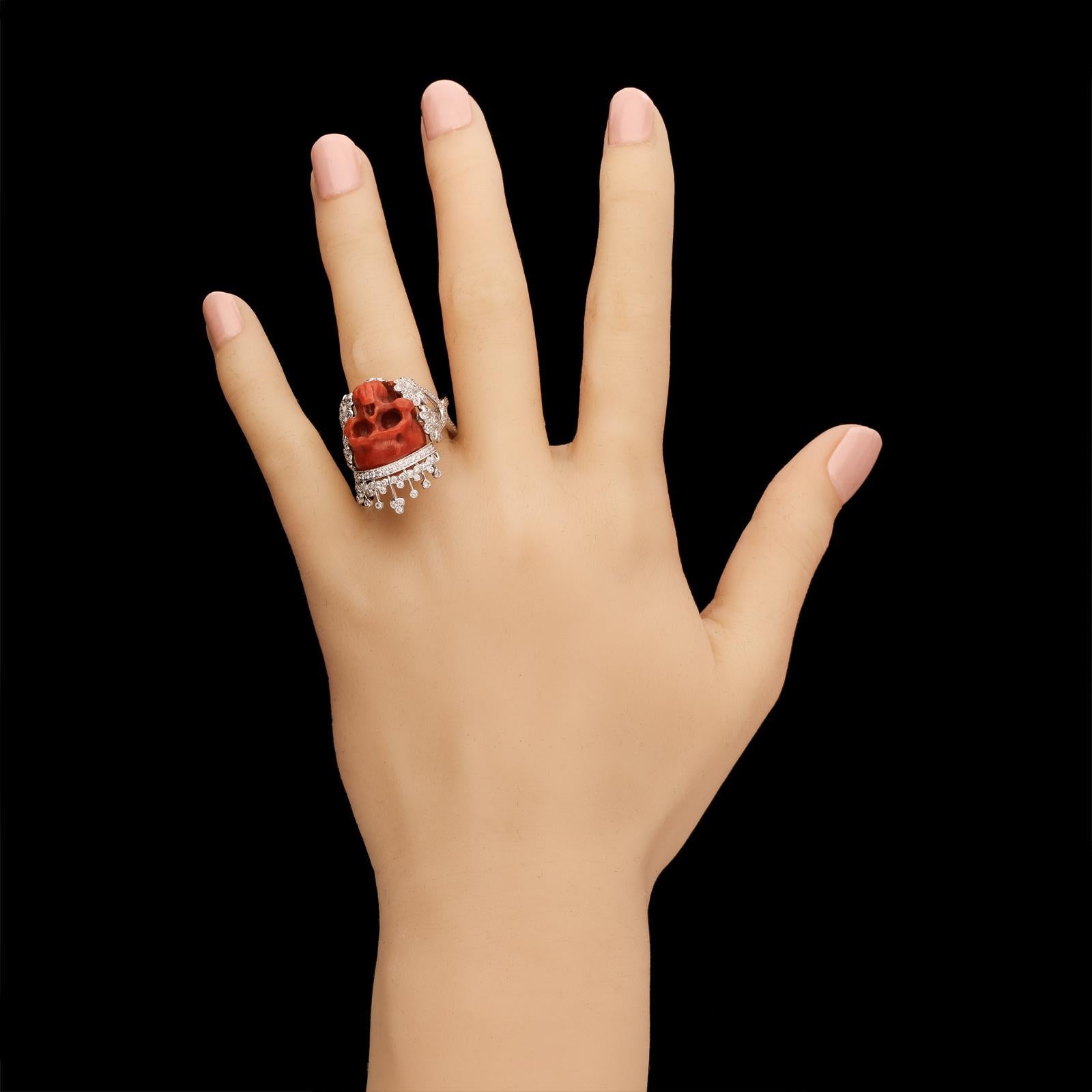 Brilliant Cut Fantastical Diamond and Coral Skull Ring by Lydia Courteille