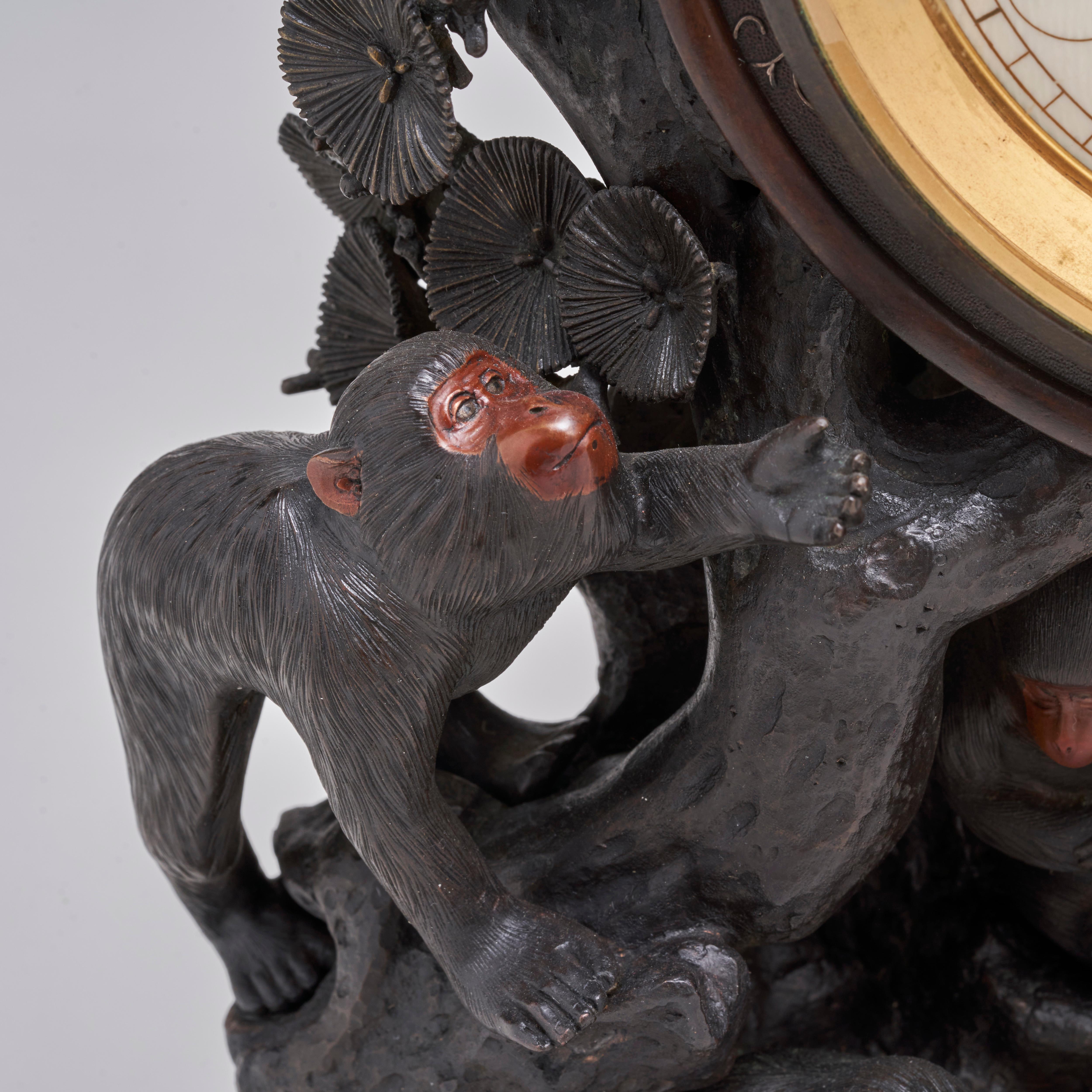 A fascinating antique Japanese Bronze clock depicting a troop of monkeys (Circa For Sale 4