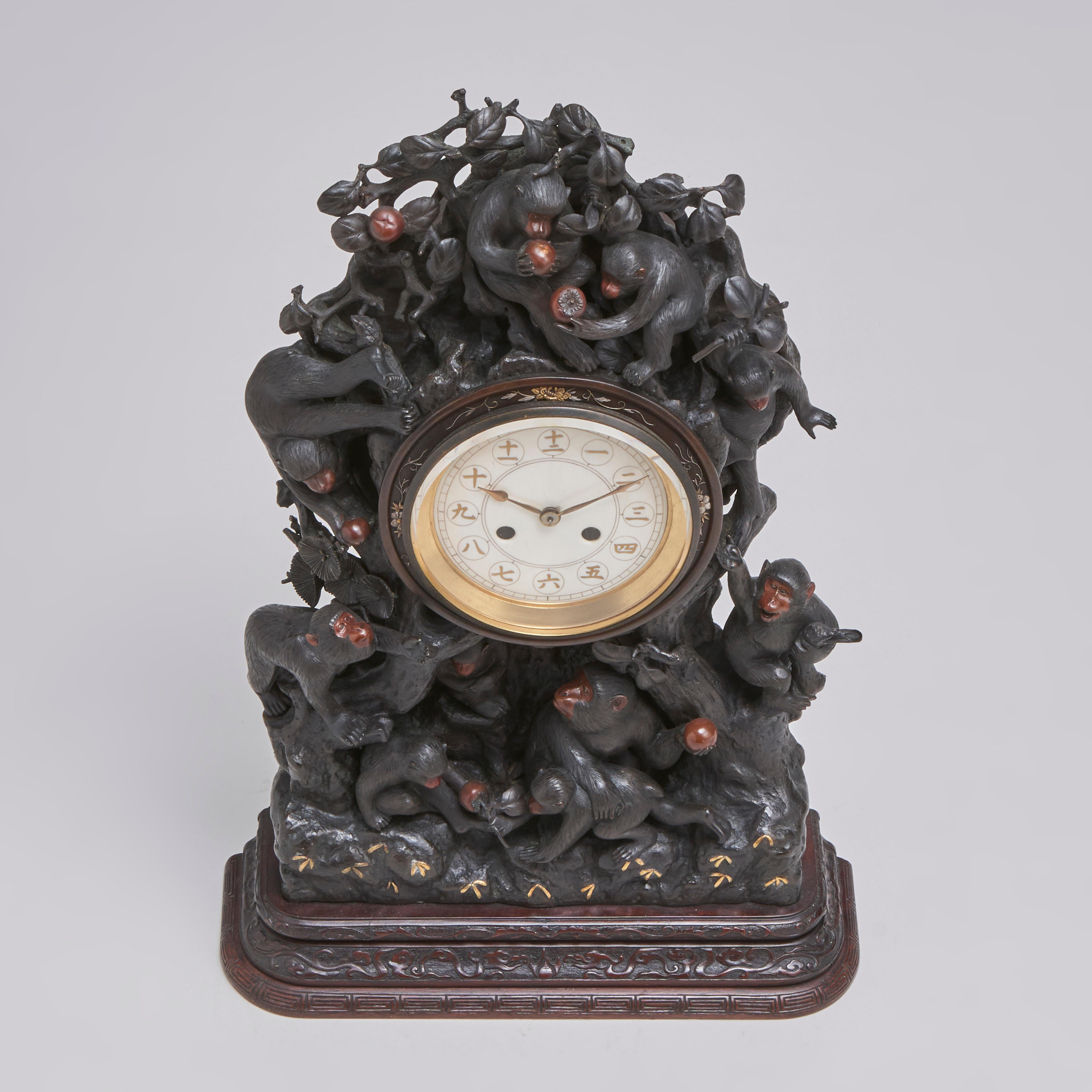 Meiji A fascinating antique Japanese Bronze clock depicting a troop of monkeys (Circa For Sale