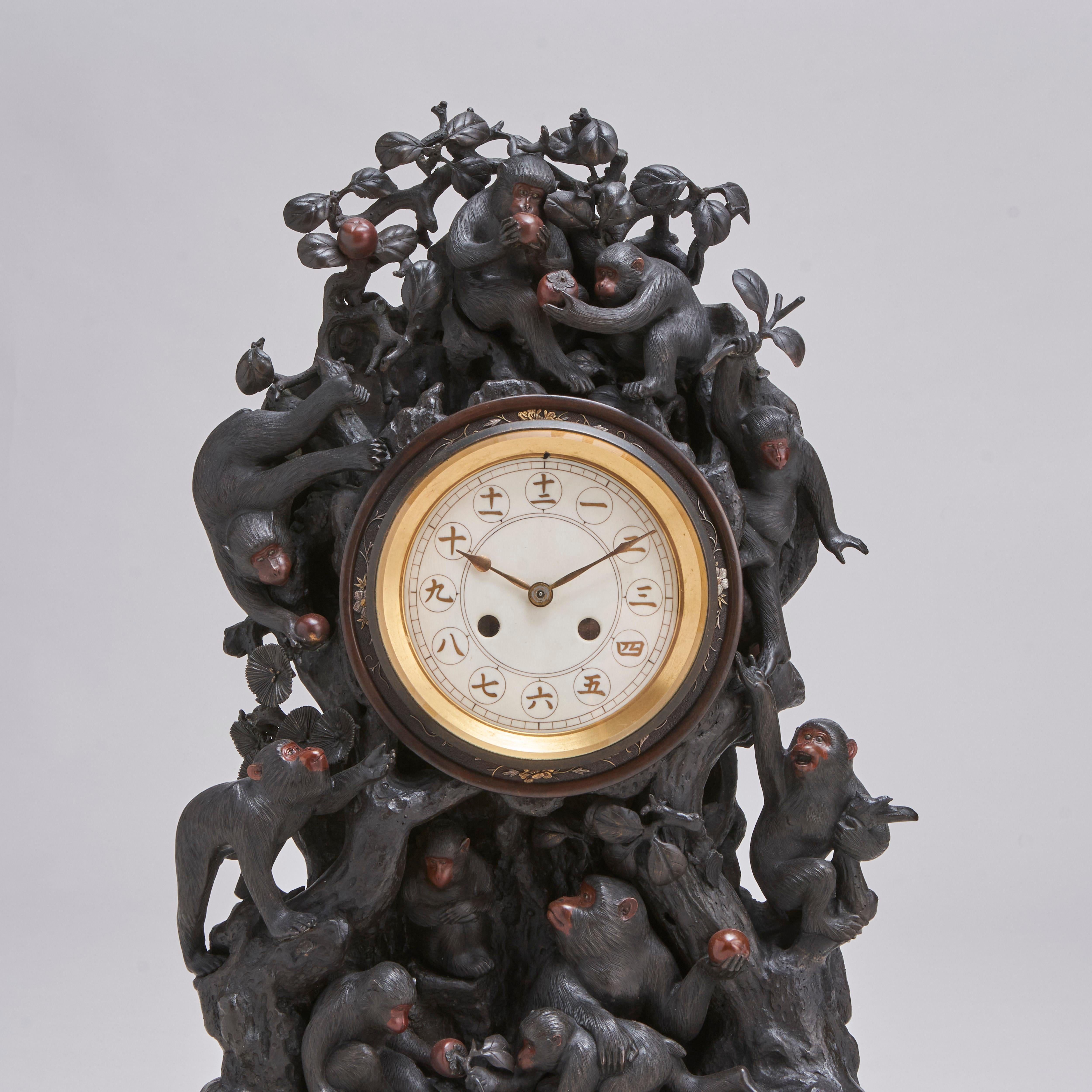 Metalwork A fascinating antique Japanese Bronze clock depicting a troop of monkeys (Circa For Sale