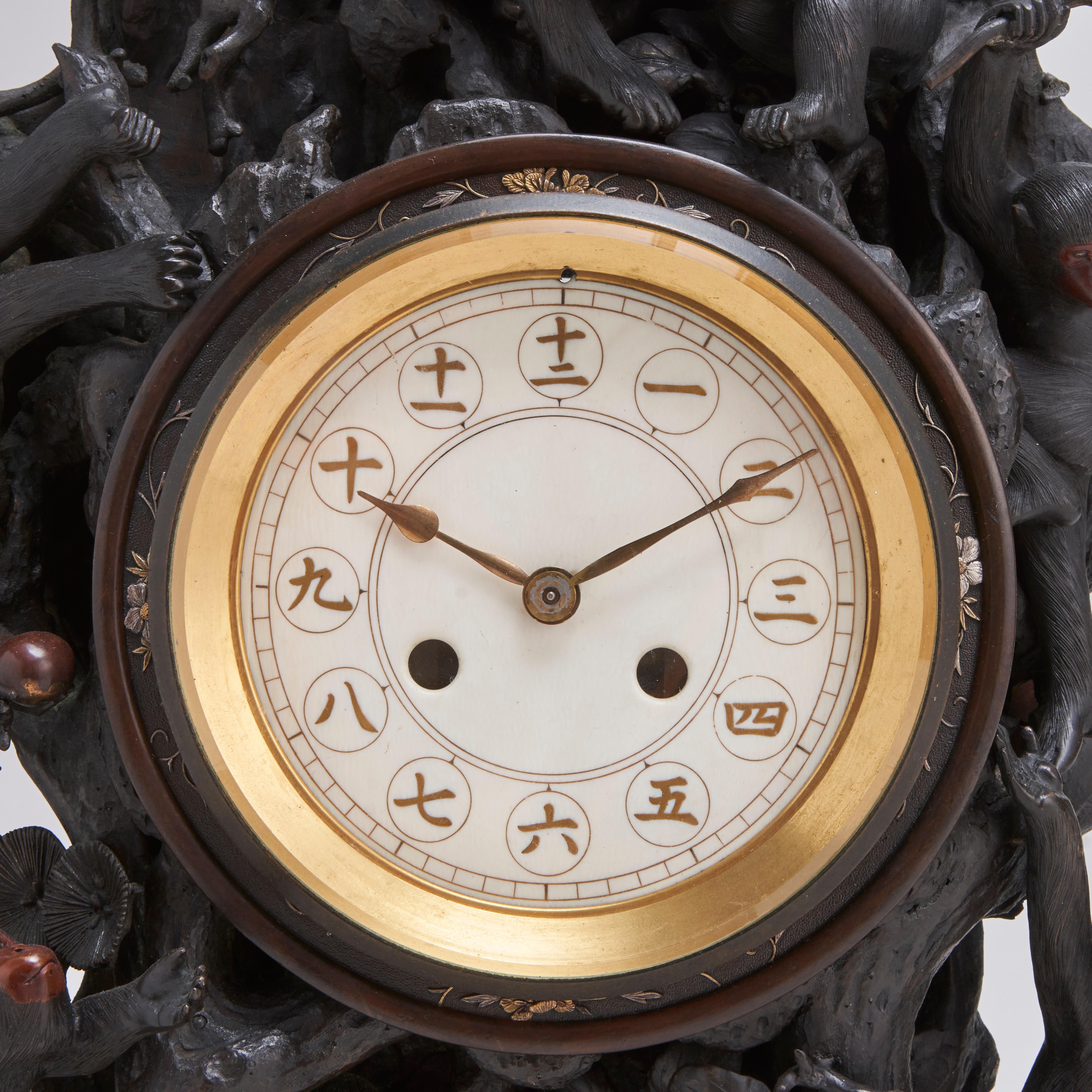 19th Century A fascinating antique Japanese Bronze clock depicting a troop of monkeys (Circa For Sale