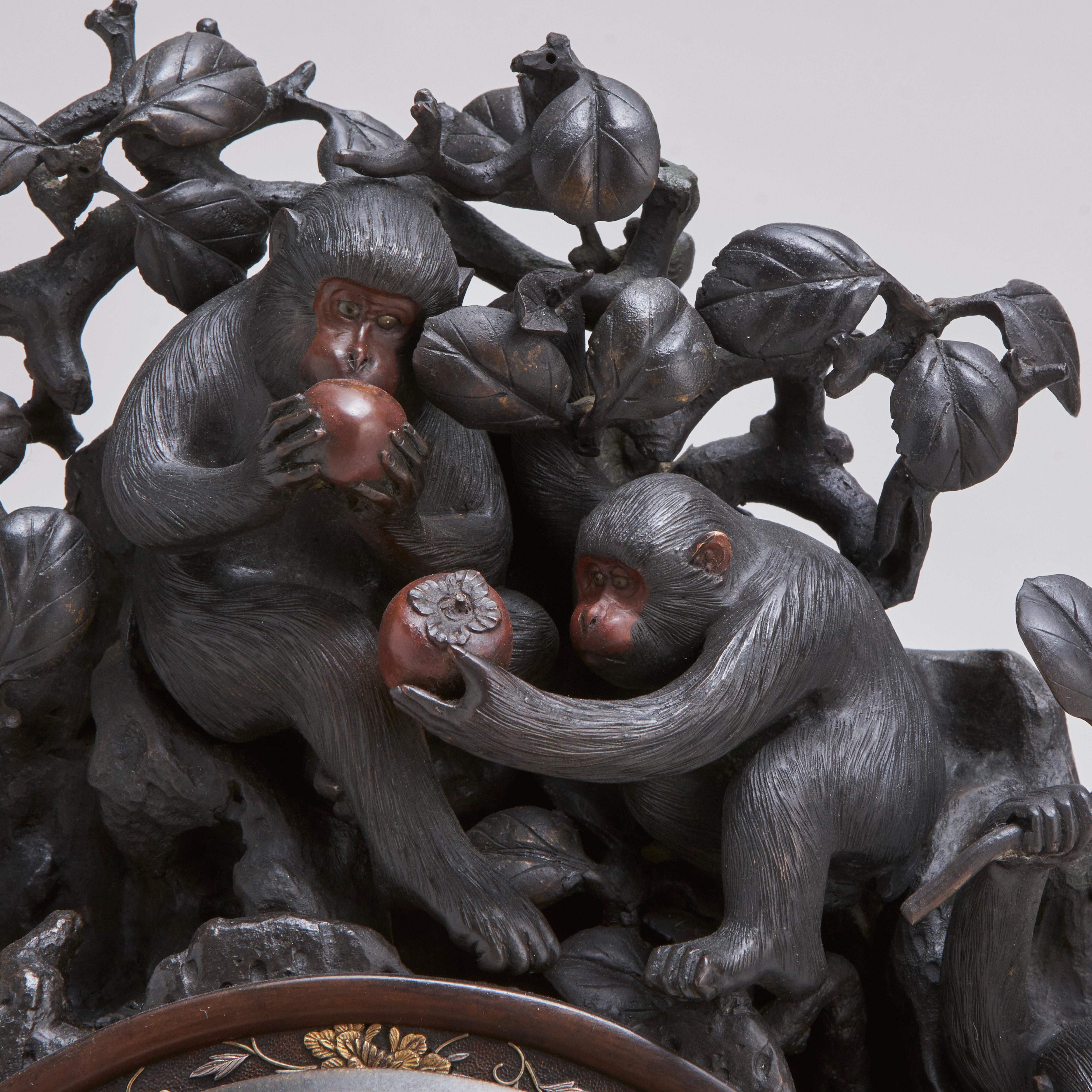 A fascinating antique Japanese Bronze clock depicting a troop of monkeys (Circa For Sale 1