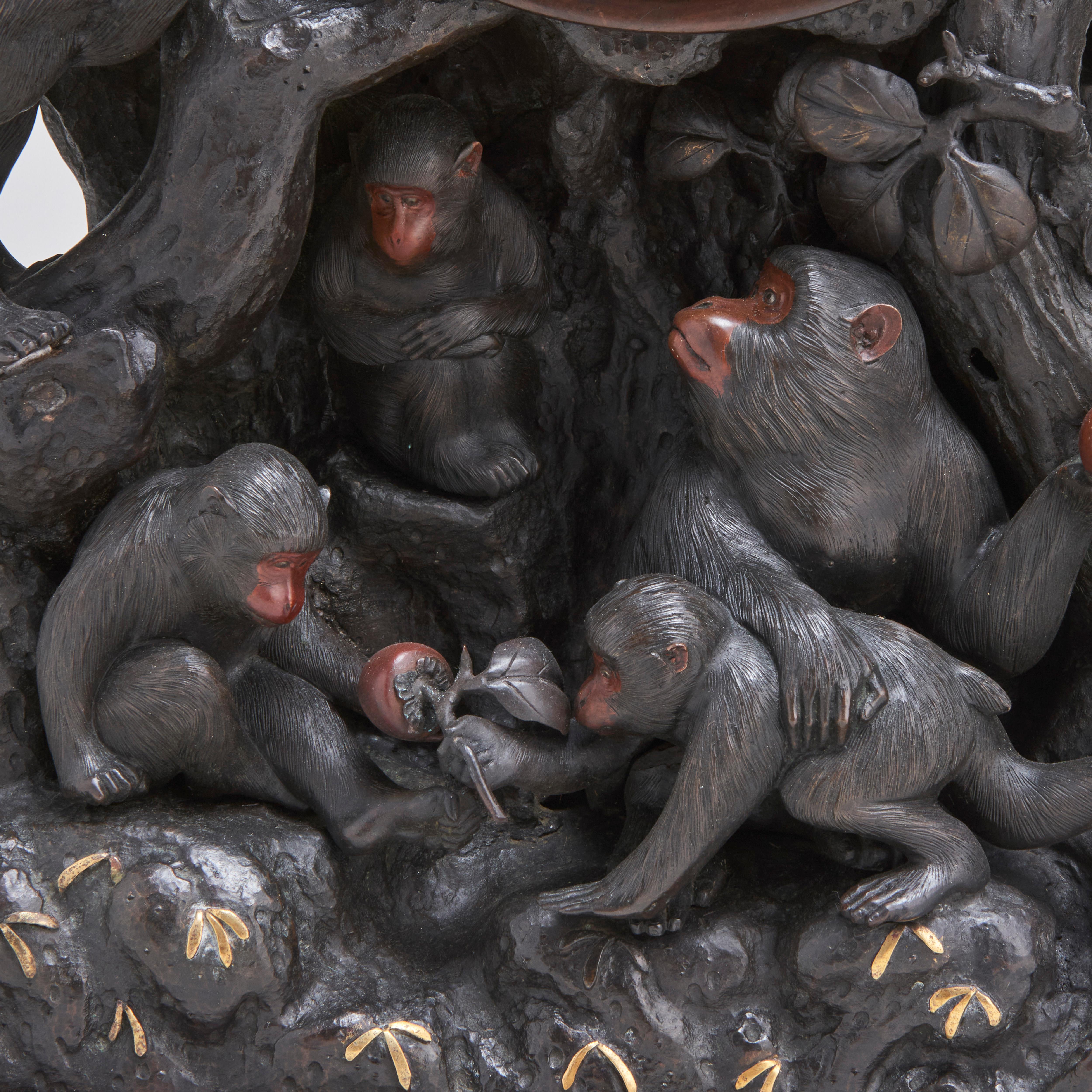 A fascinating antique Japanese Bronze clock depicting a troop of monkeys (Circa For Sale 2