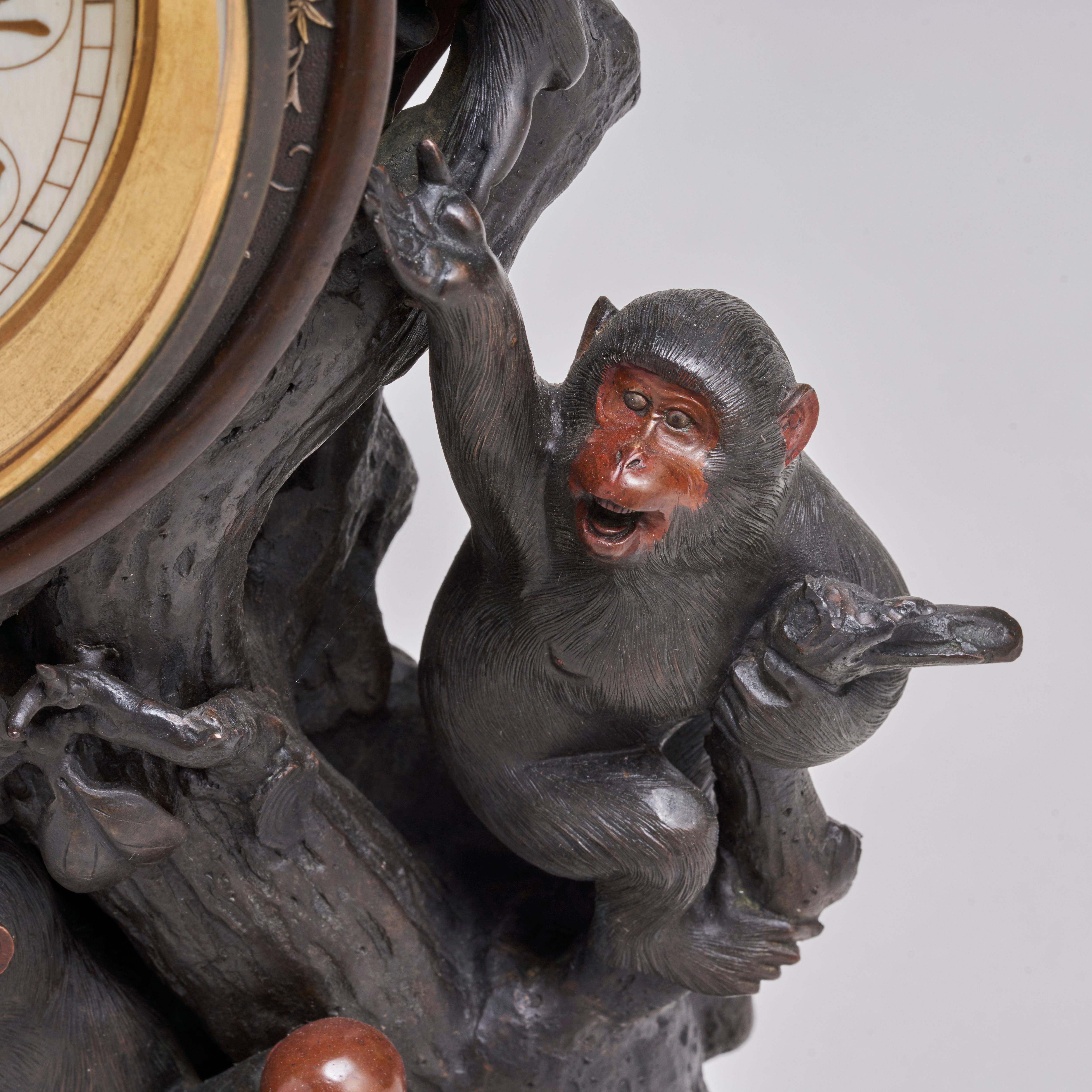 A fascinating antique Japanese Bronze clock depicting a troop of monkeys (Circa For Sale 3