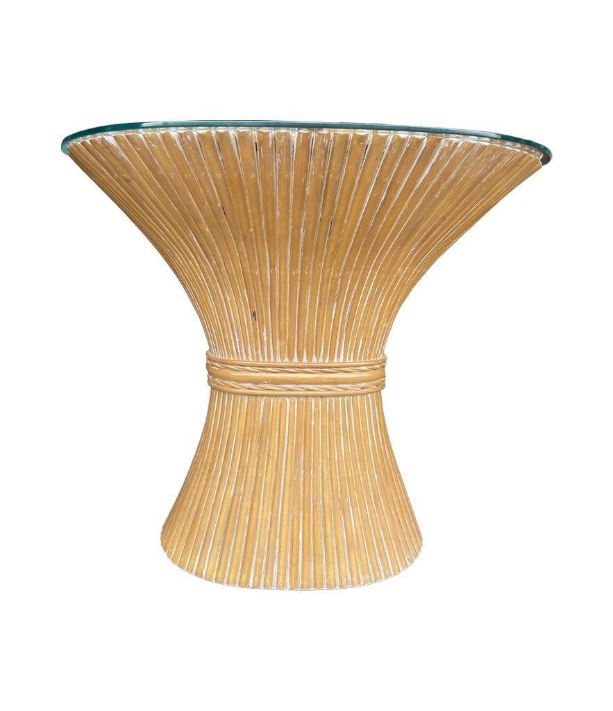A faux bamboo demilune console table in a wheat sheaf shape, with glass top. For Sale 4