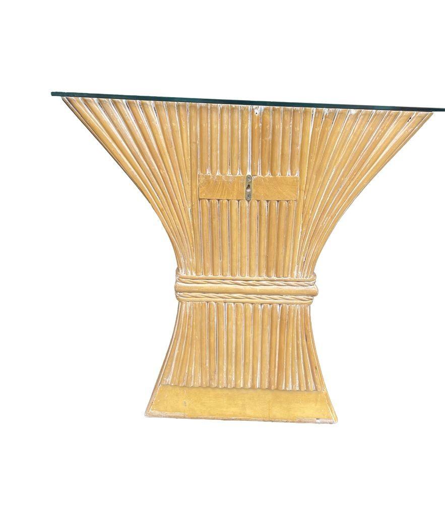 A faux bamboo demilune console table in a wheat sheaf shape, with glass top. For Sale 6