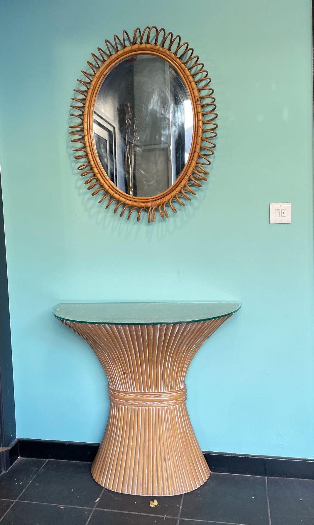A faux bamboo demilune console table in a wheat sheaf shape, with glass top. For Sale 7