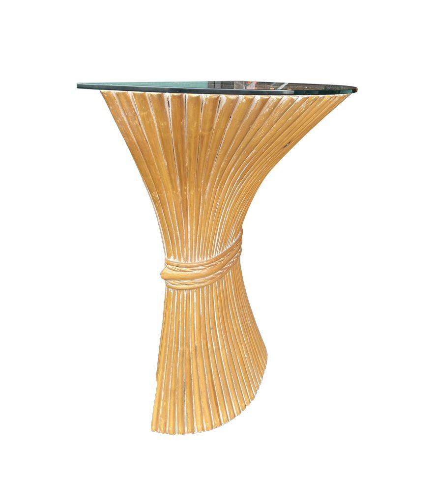 A faux bamboo demilune console table in a wheat sheaf shape, with glass top. For Sale 9