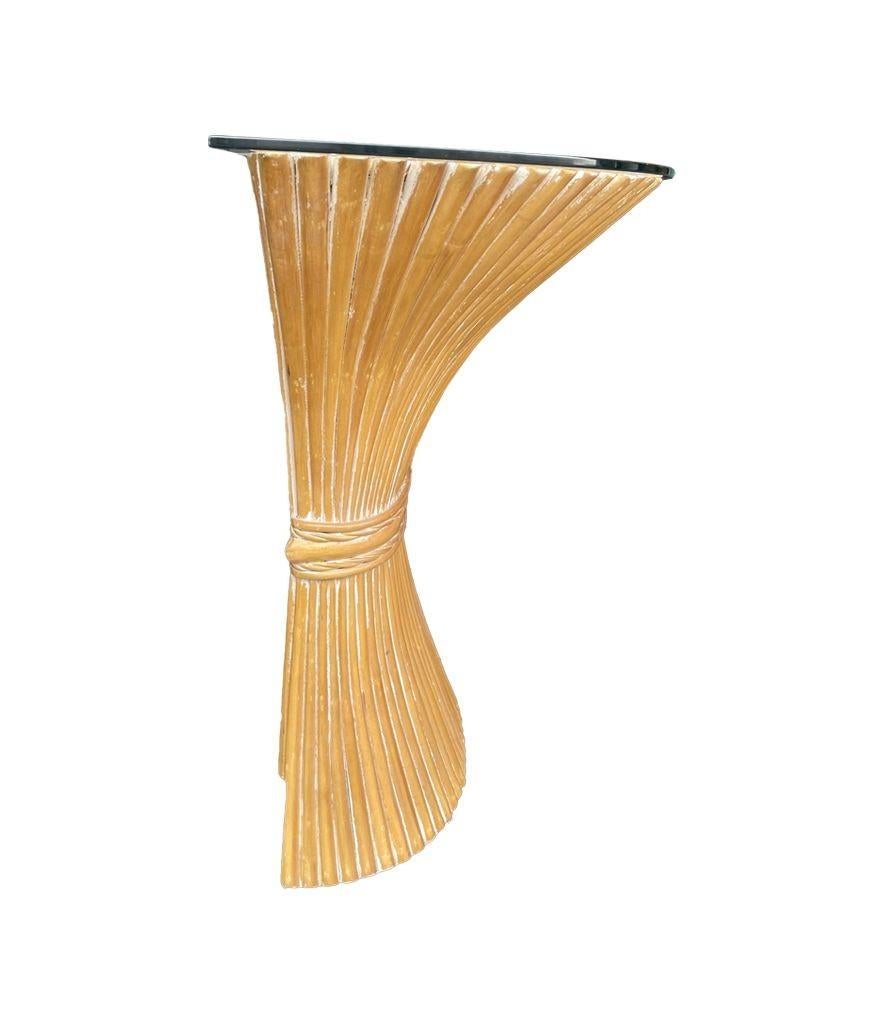 A faux bamboo demilune console table in a wheat sheaf shape, with glass top. For Sale 10