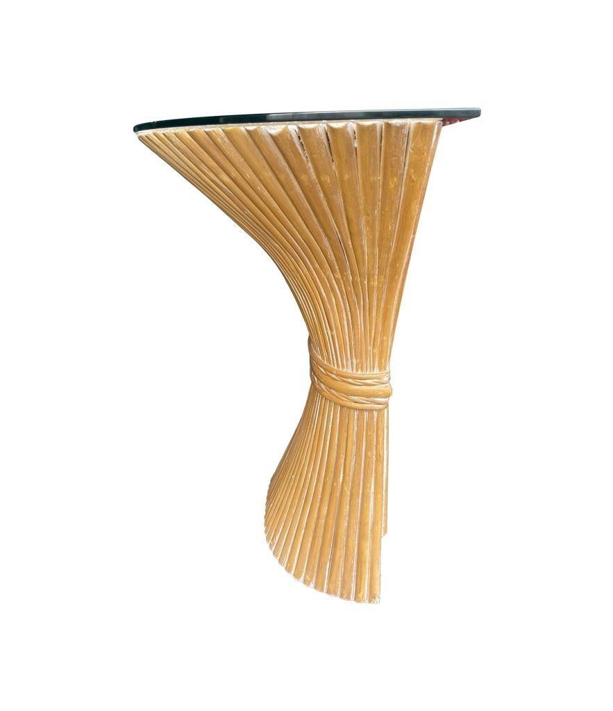 A faux bamboo demilune console table in a wheat sheaf shape, with glass top. For Sale 12