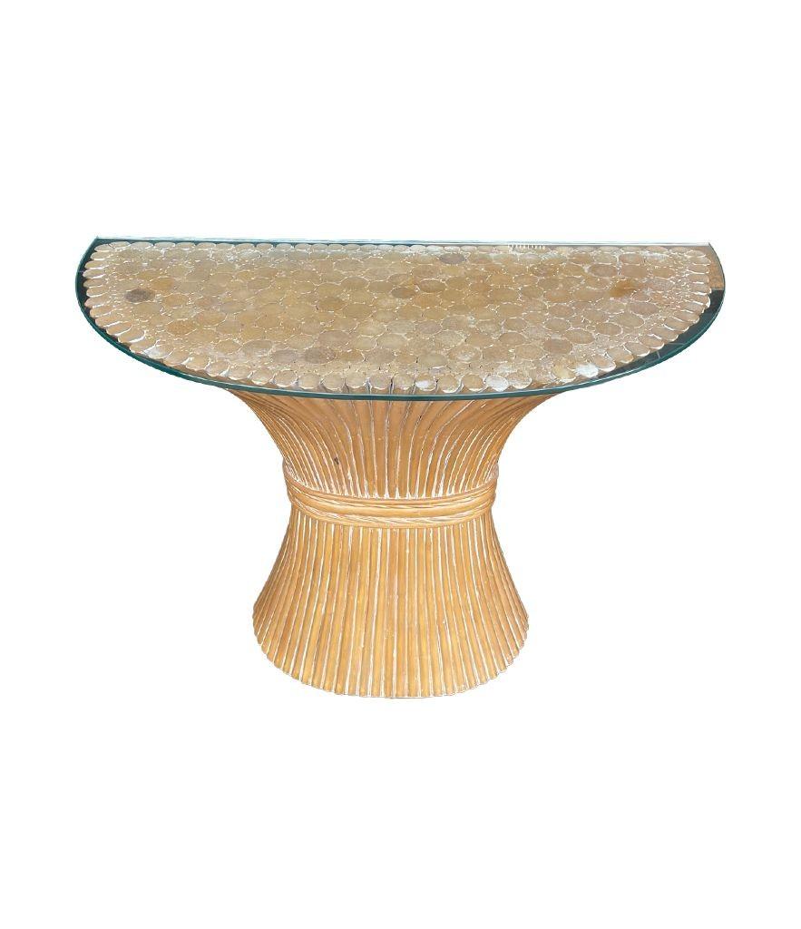 Mid-Century Modern A faux bamboo demilune console table in a wheat sheaf shape, with glass top. For Sale