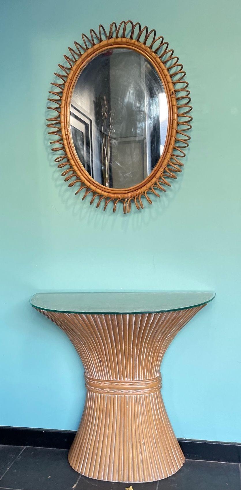 Italian A faux bamboo demilune console table in a wheat sheaf shape, with glass top. For Sale