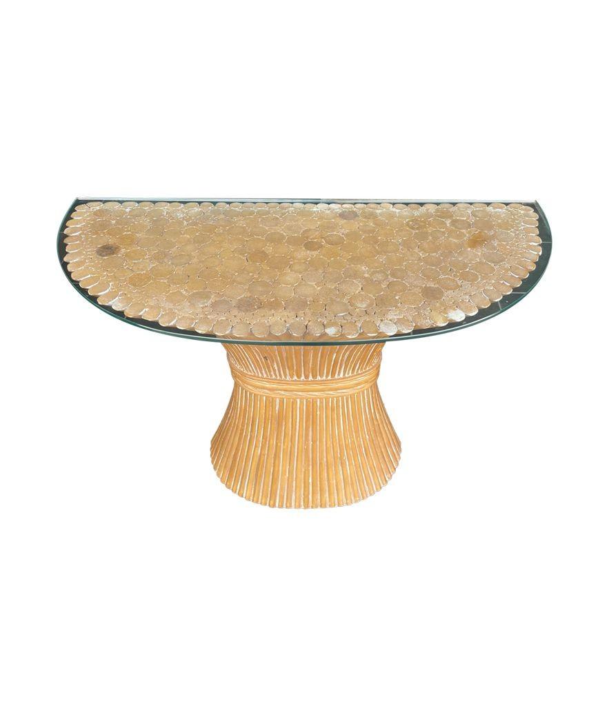 Late 20th Century A faux bamboo demilune console table in a wheat sheaf shape, with glass top. For Sale