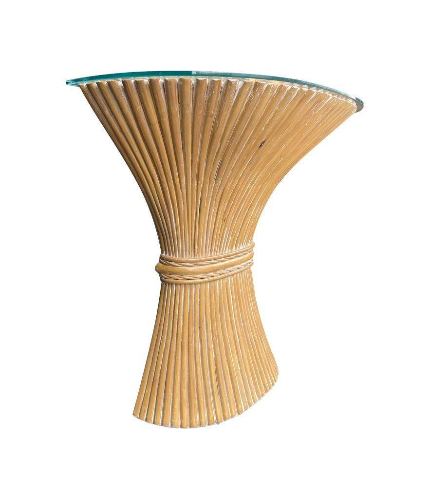 Glass A faux bamboo demilune console table in a wheat sheaf shape, with glass top. For Sale