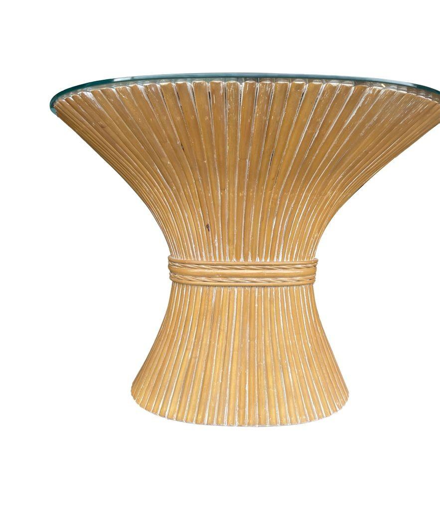 A faux bamboo demilune console table in a wheat sheaf shape, with glass top. For Sale 1