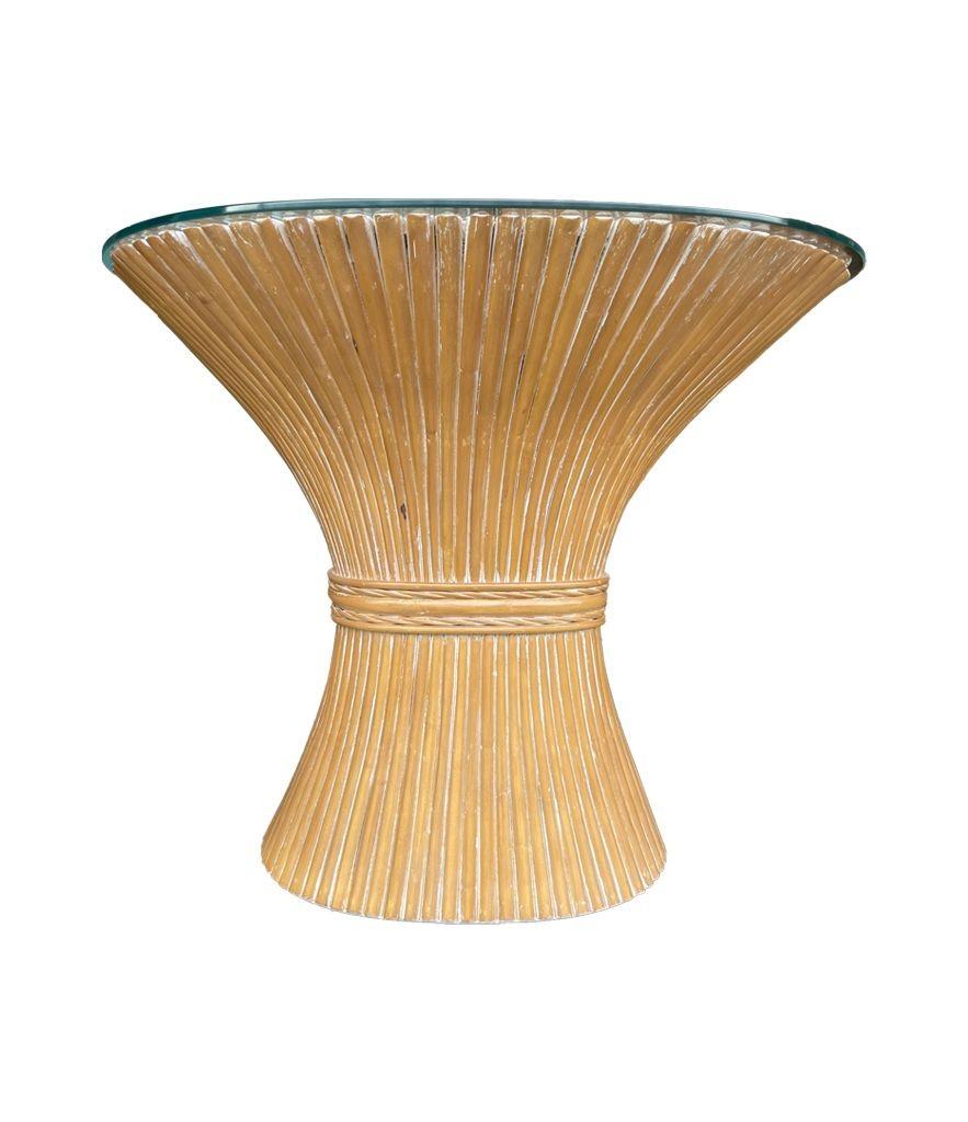 A faux bamboo demilune console table in a wheat sheaf shape, with glass top. For Sale 2