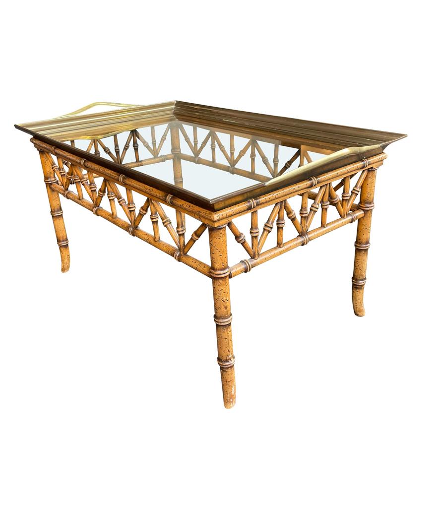 Faux Bamboo Wooden Tray Table with Solid Brass Removable Glass Tray Top 6