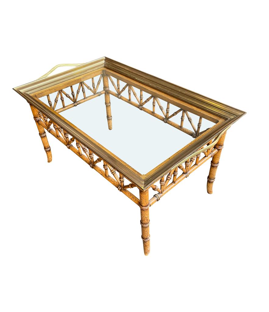 Faux Bamboo Wooden Tray Table with Solid Brass Removable Glass Tray Top 7