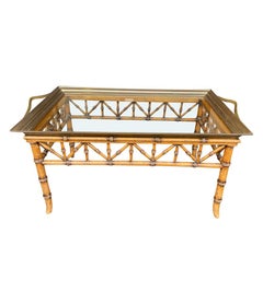 Faux Bamboo Wooden Tray Table with Solid Brass Removable Glass Tray Top