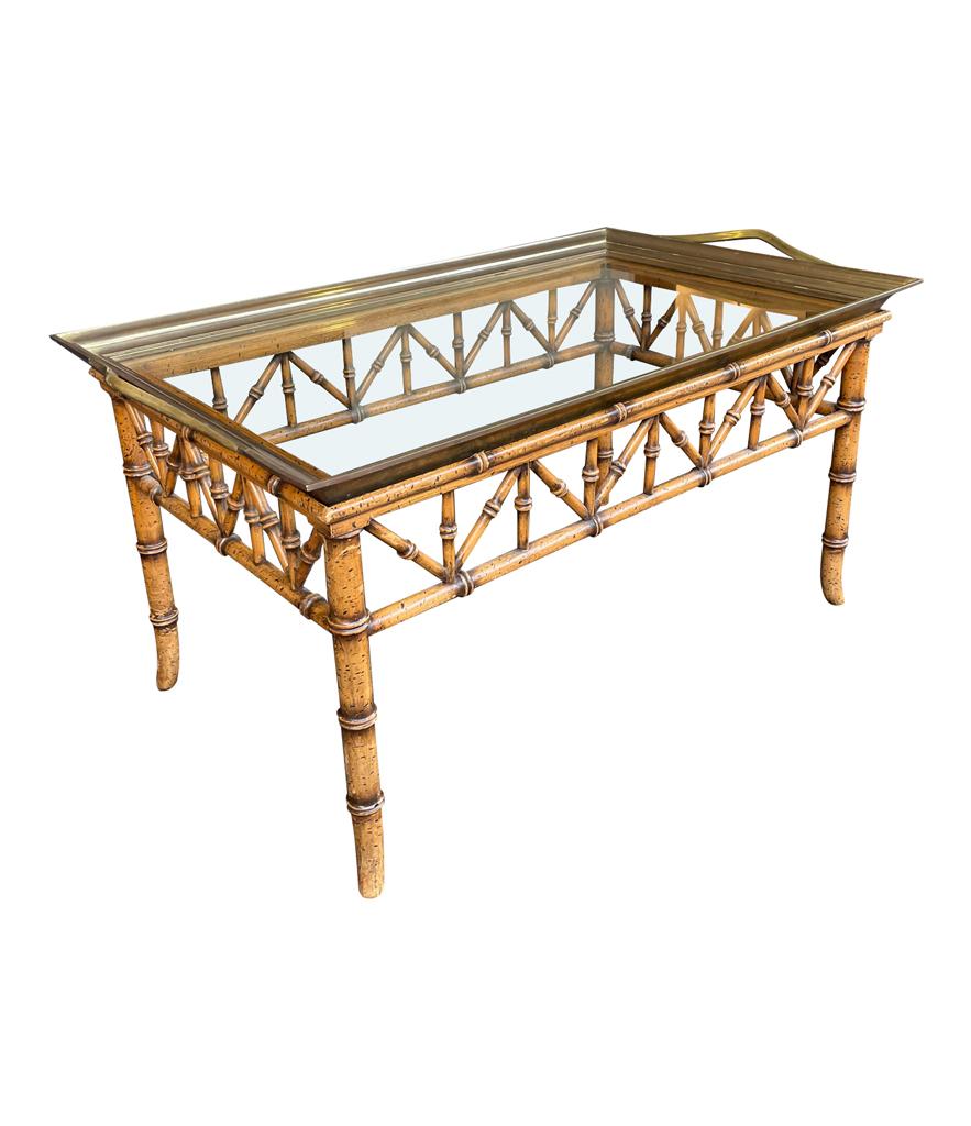 Faux Bamboo Wooden Tray Table with Solid Brass Removable Glass Tray Top In Good Condition In London, GB