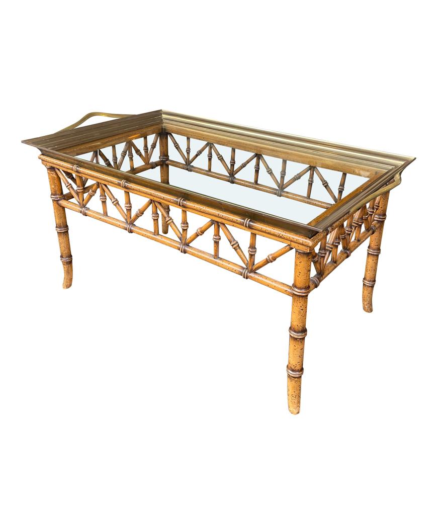 Late 20th Century Faux Bamboo Wooden Tray Table with Solid Brass Removable Glass Tray Top