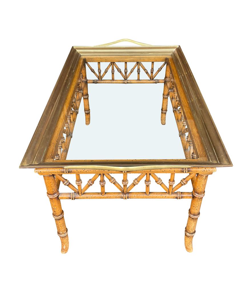 Faux Bamboo Wooden Tray Table with Solid Brass Removable Glass Tray Top 3