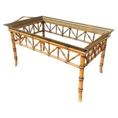 Faux Bamboo Wooden Tray Table with Solid Brass Removable Glass Tray Top