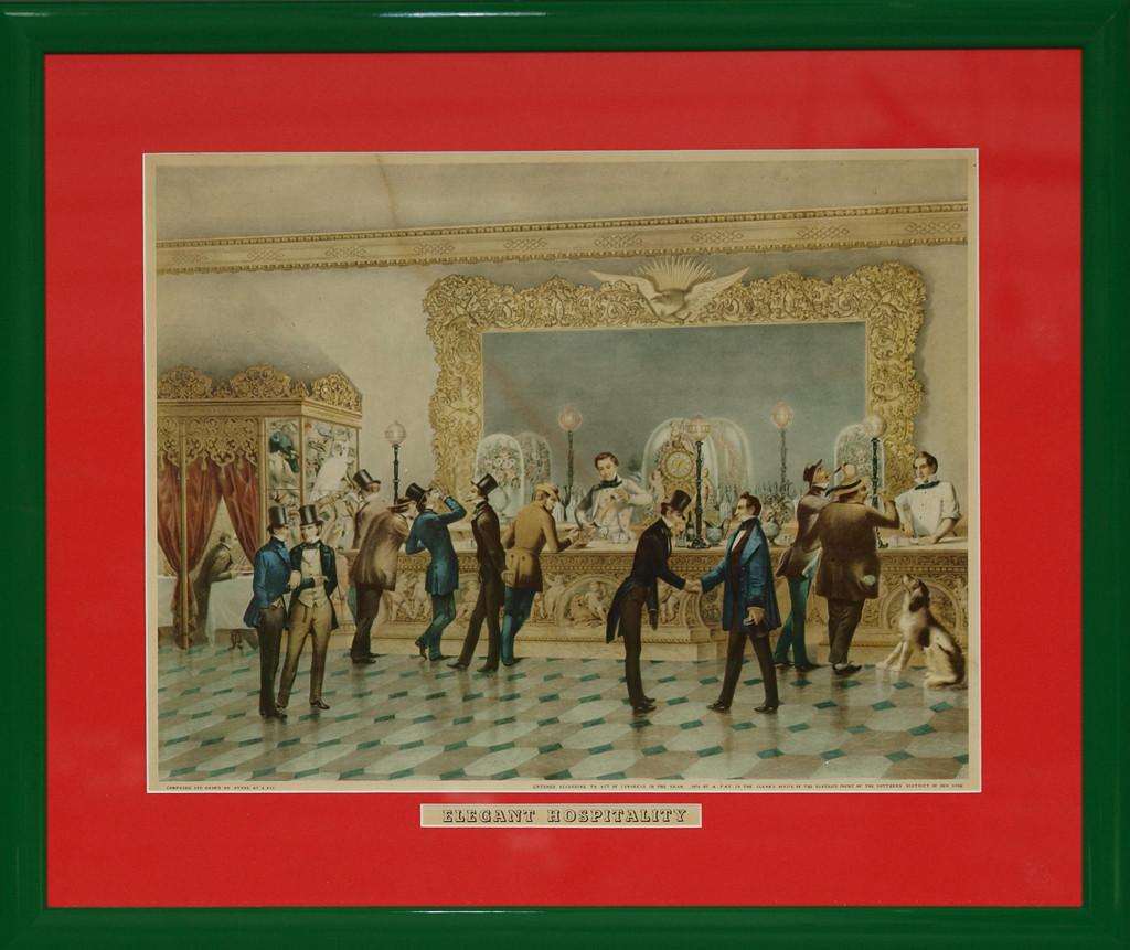 "Ospitalità elegante" Bar del club privato per gentiluomini c1854 Stampa - Print di A. Fay