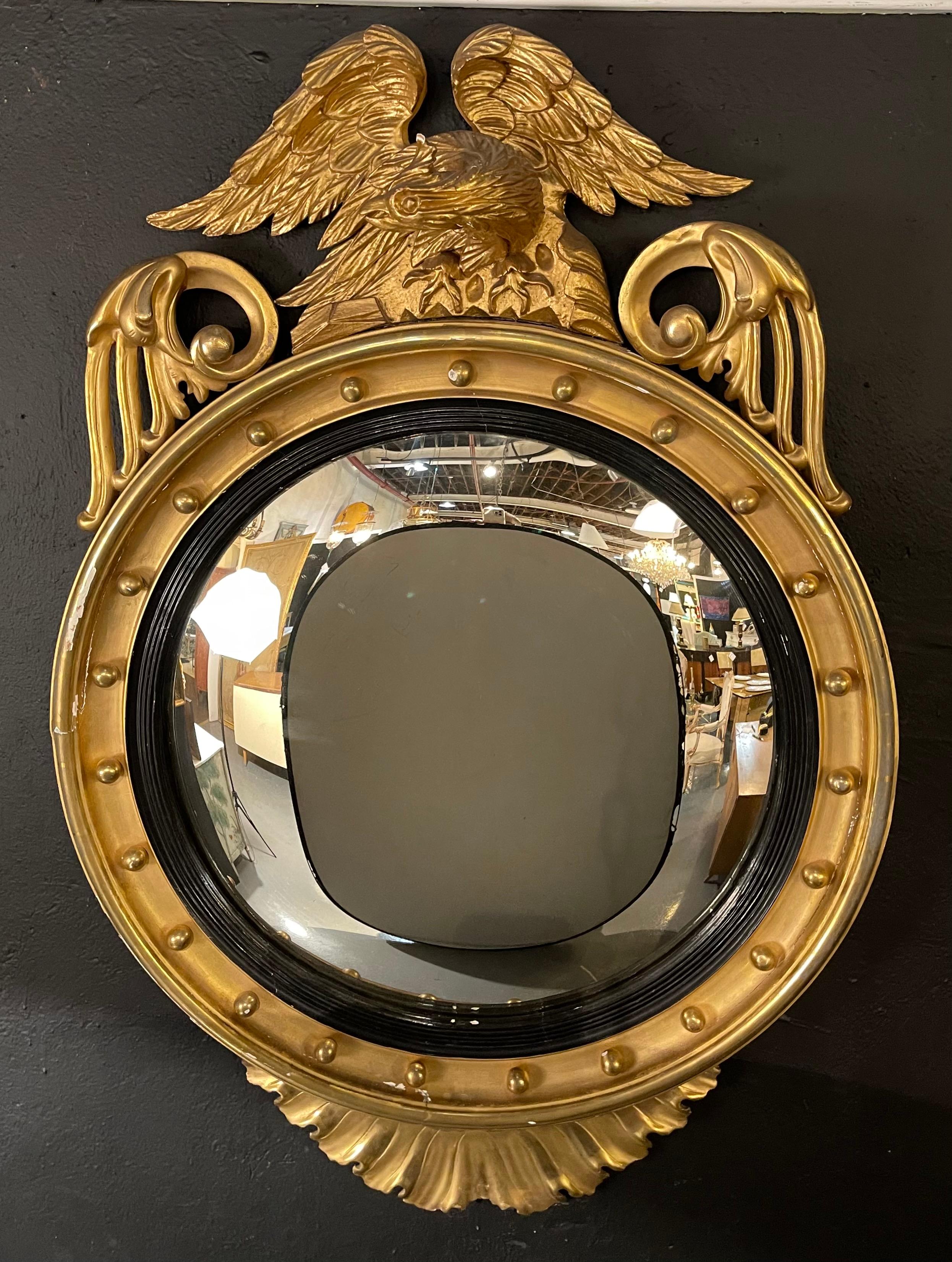 Federal Style Gilt Gold Convex Mirror, Wall, Console or Pier Mirror In Good Condition In Stamford, CT