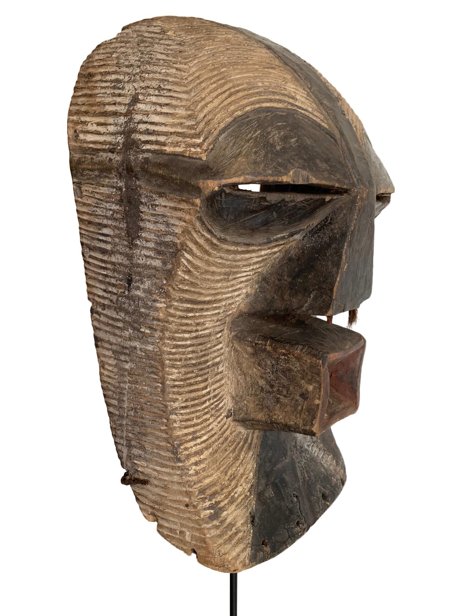 A female Songye Kifwebe hand carved wooden ceremonial mask. The wooden mask is carved with geometric lines on the face and head which are whitened with pigment and darkened on the large ridged nose and eyes, with red pigment around the mouth, the