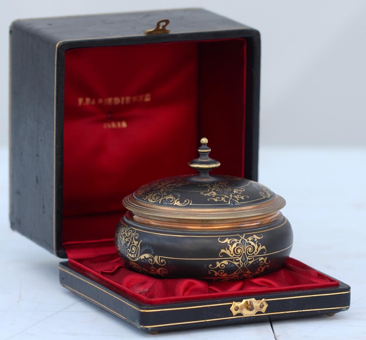 French Ferdinand Barbedienne Damascene Gold and Silver Inlaid Bronze Box