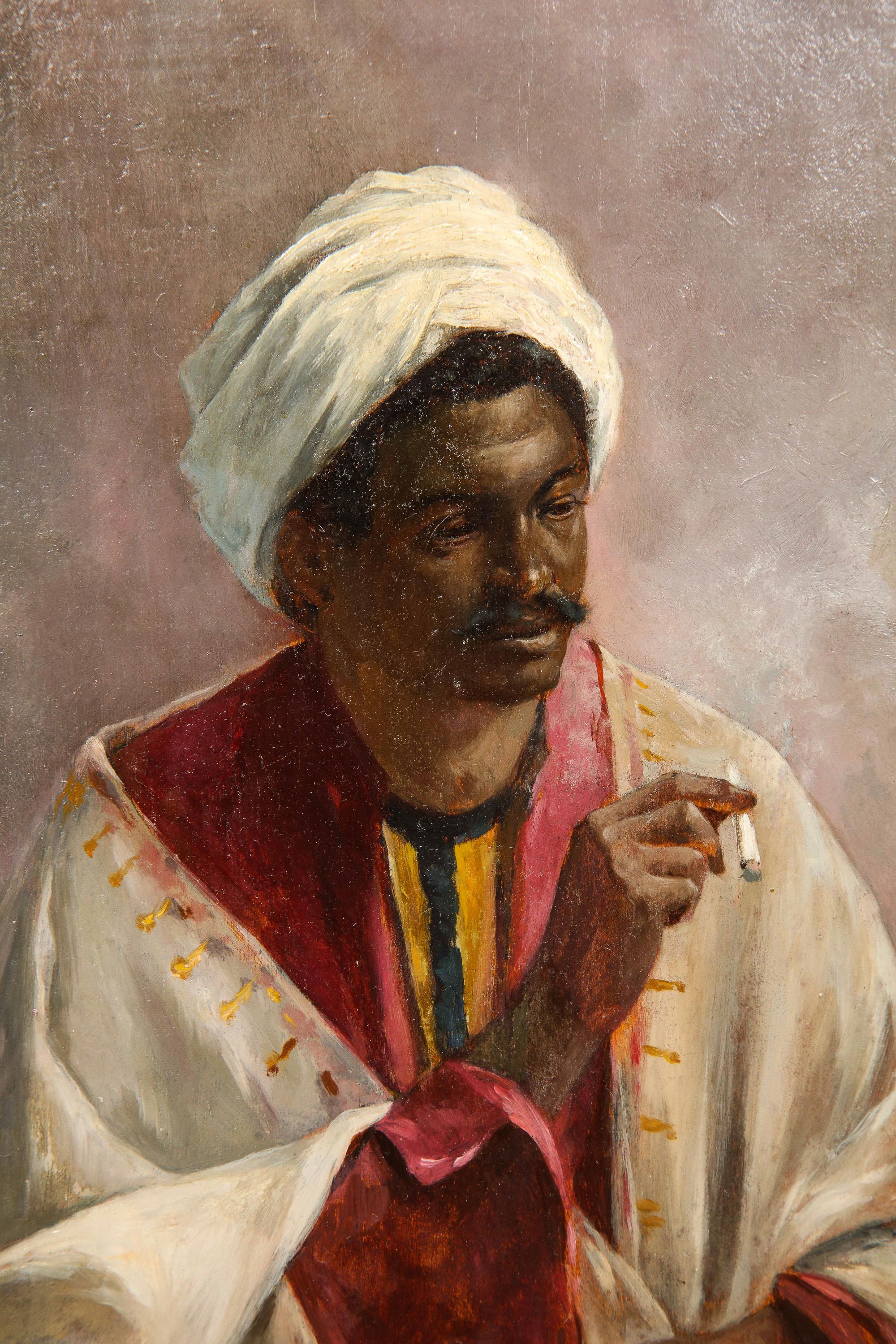 A Ferres, Portrait of a Moorish Man Smoking, Orientalist Painting, 19th century.

Oil on board, In original frame.

Board: 10
