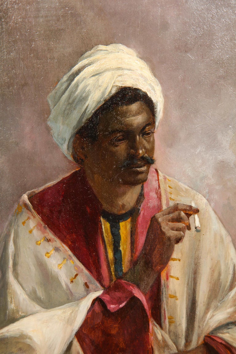 A Ferres, Portrait of a Moorish Man Smoking, Orientalist Painting, 19th century For Sale 3