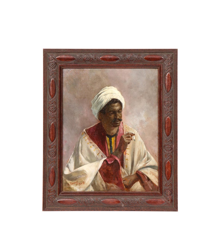 A. Ferres Portrait Painting - A Ferres, Portrait of a Moorish Man Smoking, Orientalist Painting, 19th century
