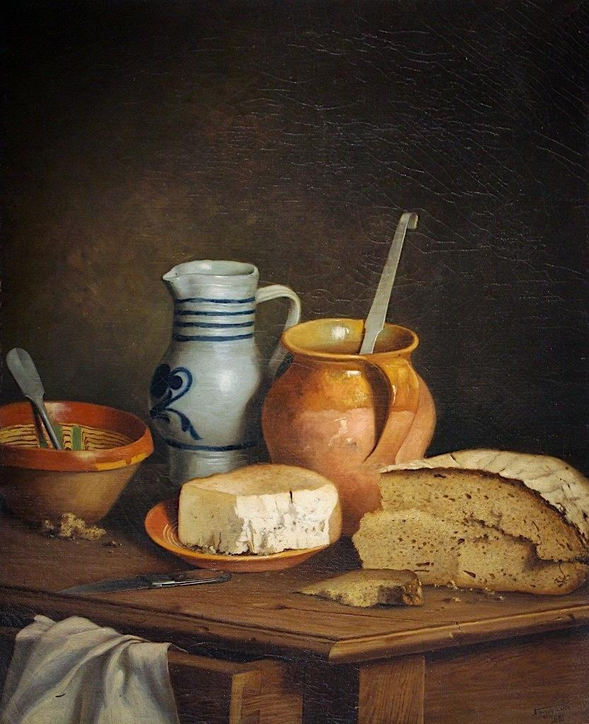 Bread, fourme de Rochefort-Montagne and pottery on a wooden table - Painting by A. FERREYROLLES