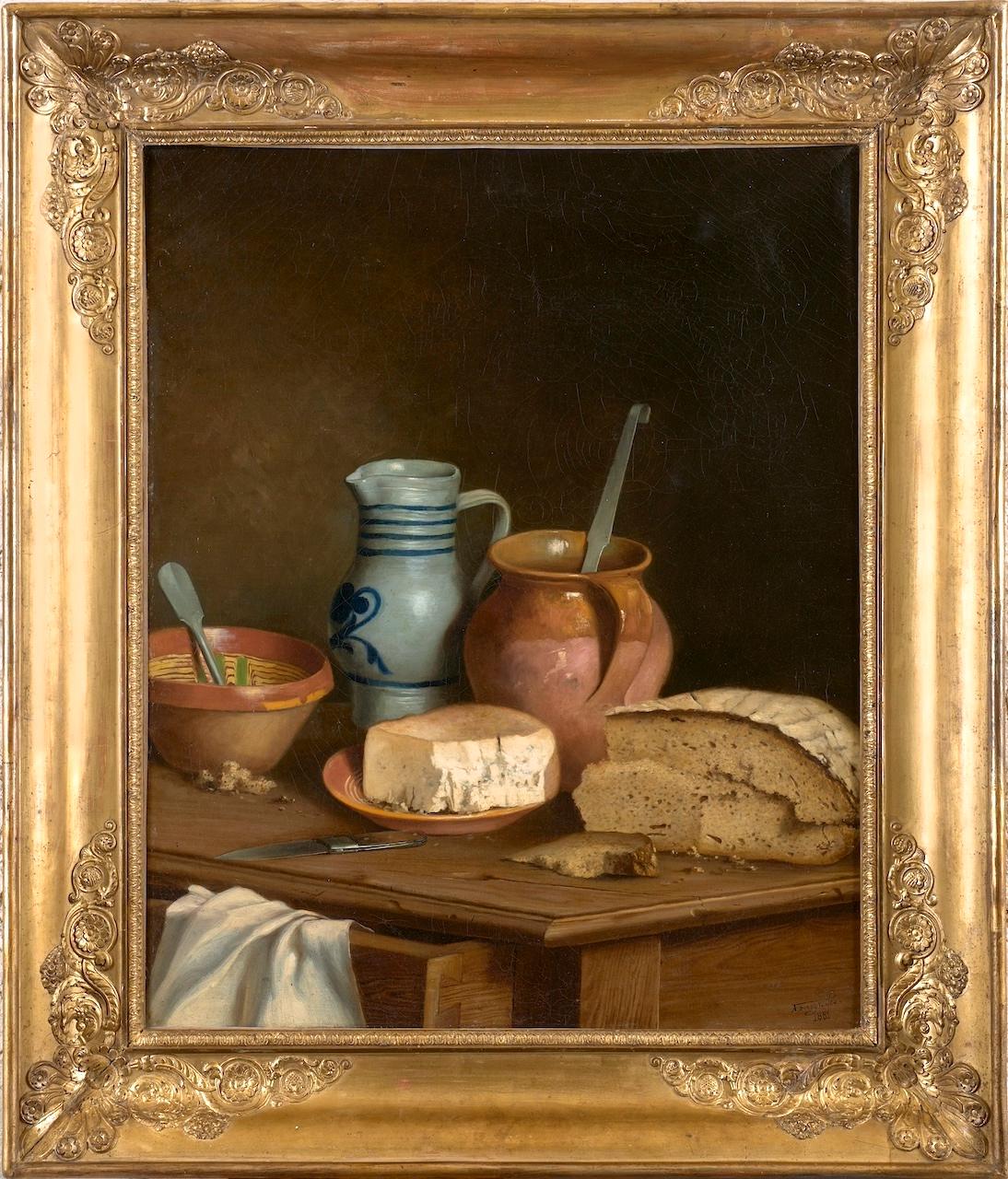 Bread, fourme de Rochefort-Montagne and pottery on a wooden table - French School Painting by A. FERREYROLLES