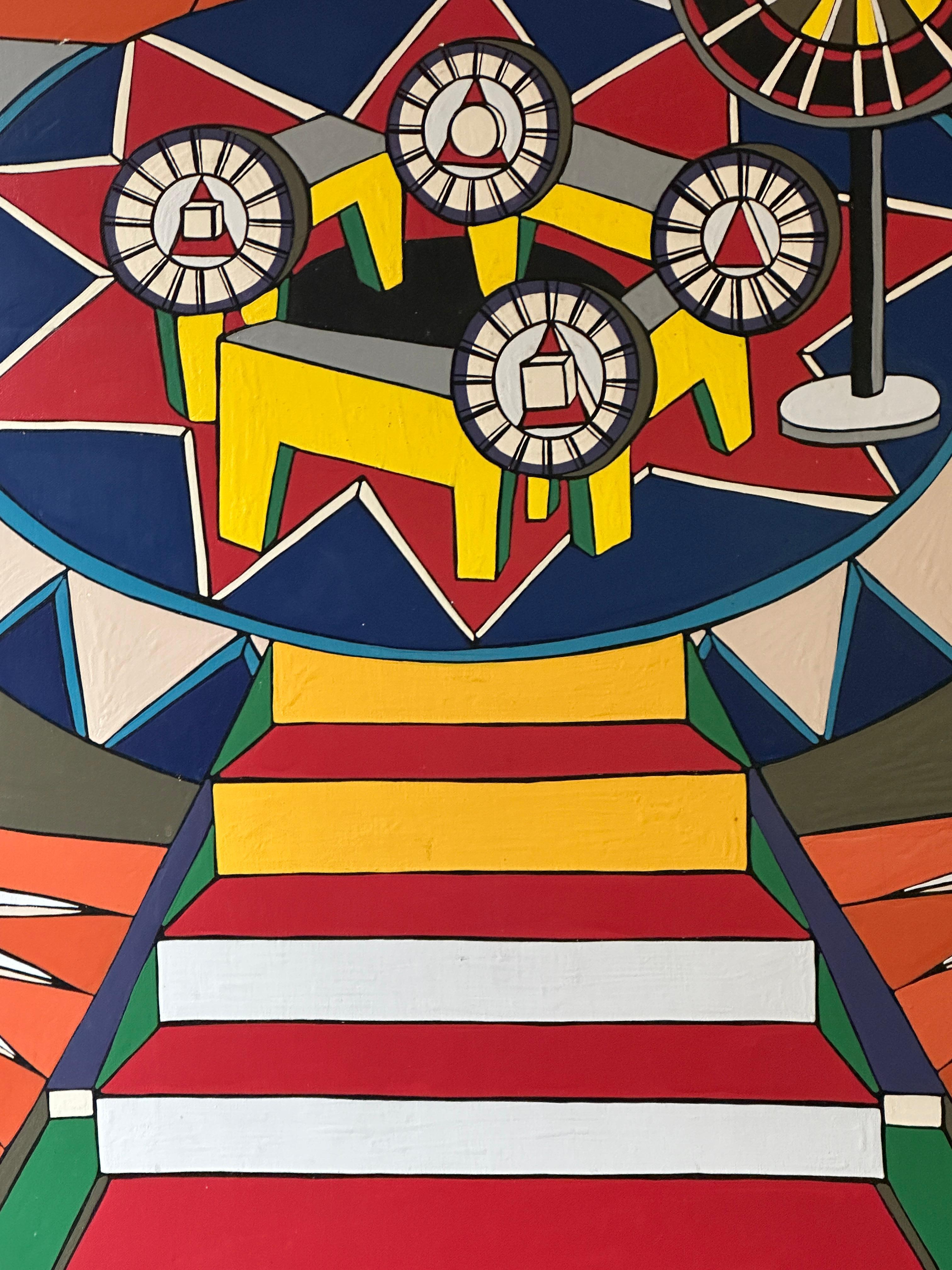 Cette peinture de L.A. capture l'essence du cirque avec ses couleurs vives et audacieuses, la structure géométrique d'un chapiteau de cirque, évoquant un sentiment d'émerveillement et d'excitation enfantins. On peut remarquer que l'huile est