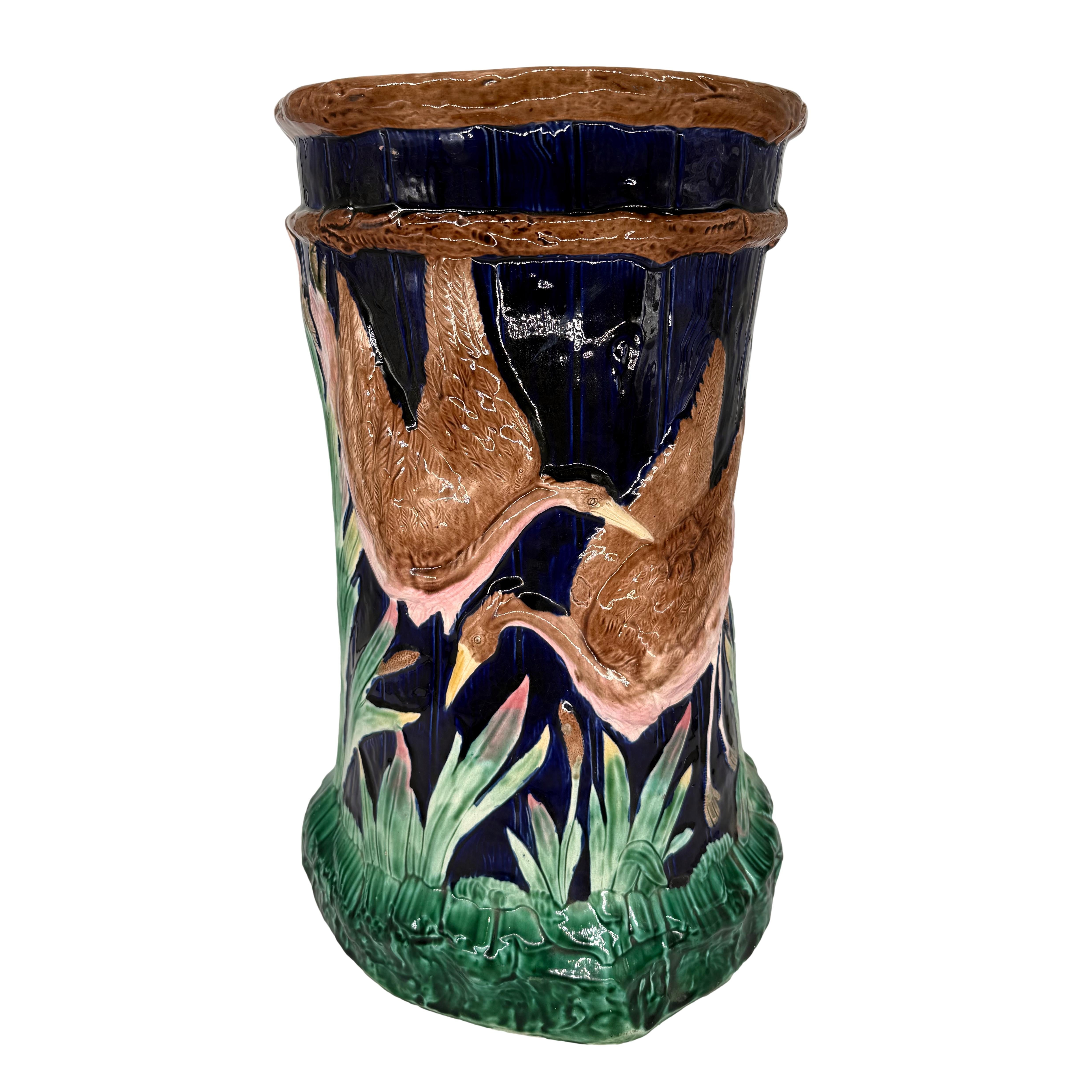 Victorian A Fielding Majolica Garden Seat with Cranes on Cobalt Blue, English, ca. 1880 For Sale