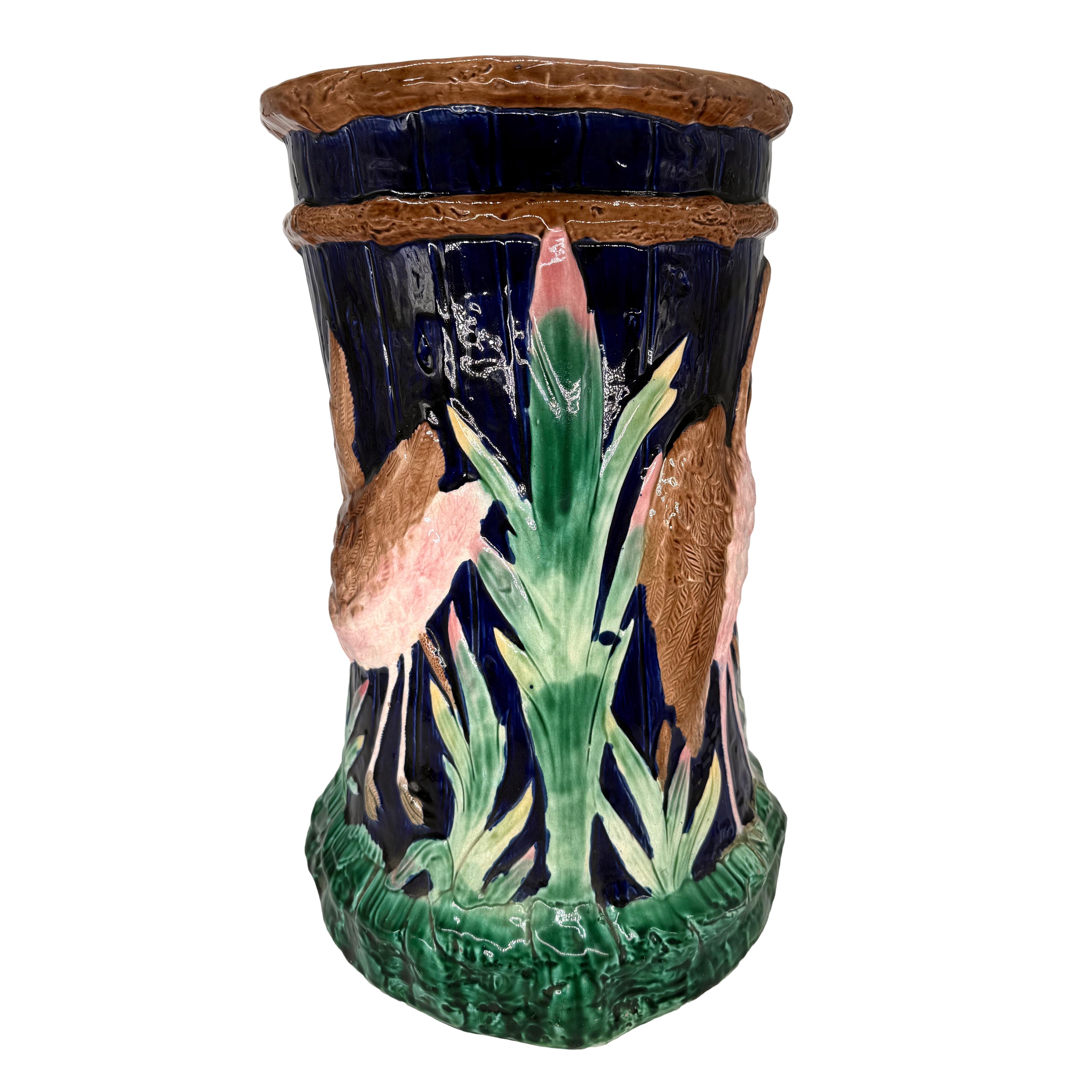 Molded A Fielding Majolica Garden Seat with Cranes on Cobalt Blue, English, ca. 1880 For Sale