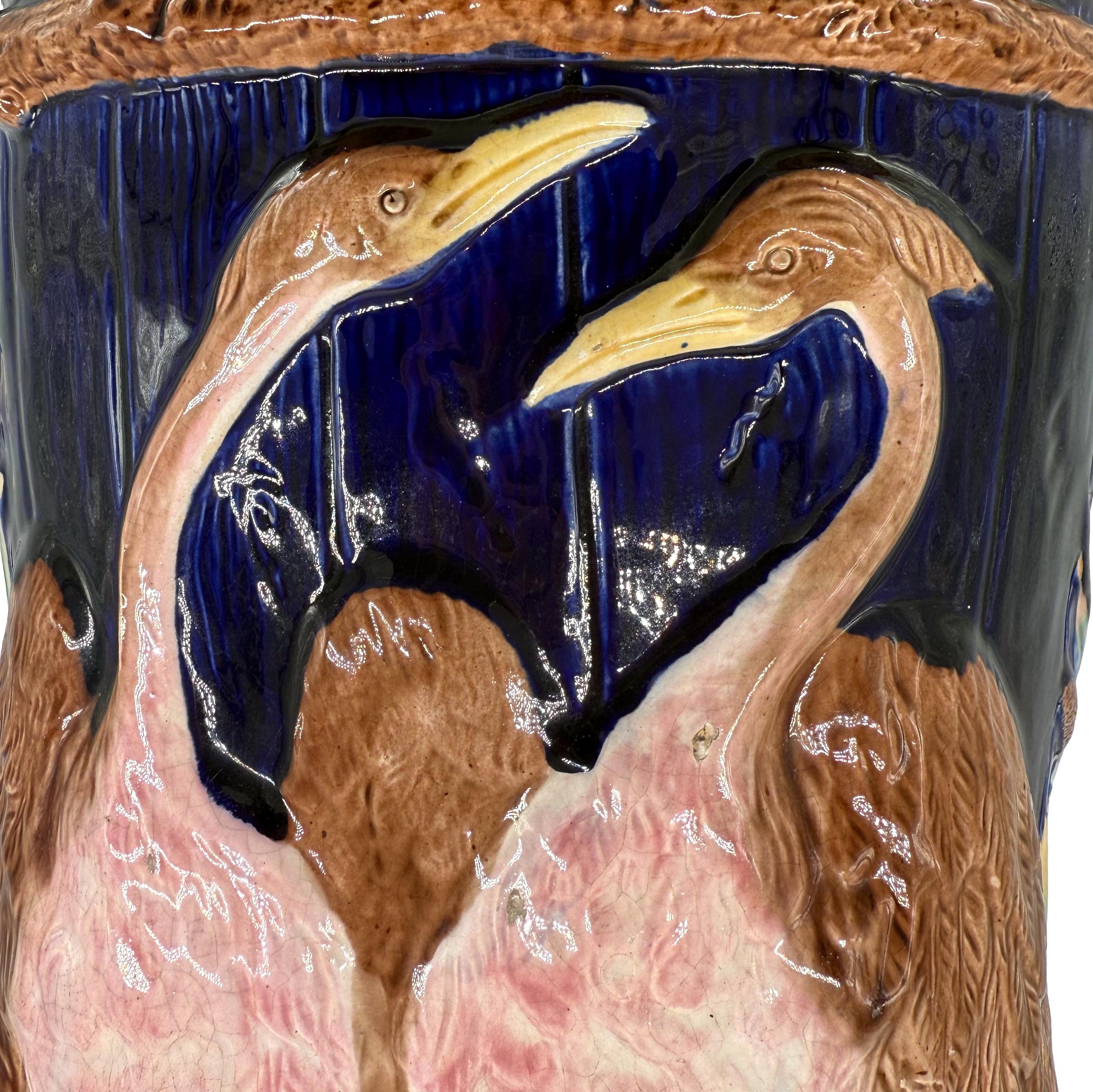 A Fielding Majolica Garden Seat with Cranes on Cobalt Blue, English, ca. 1880 In Good Condition For Sale In Banner Elk, NC