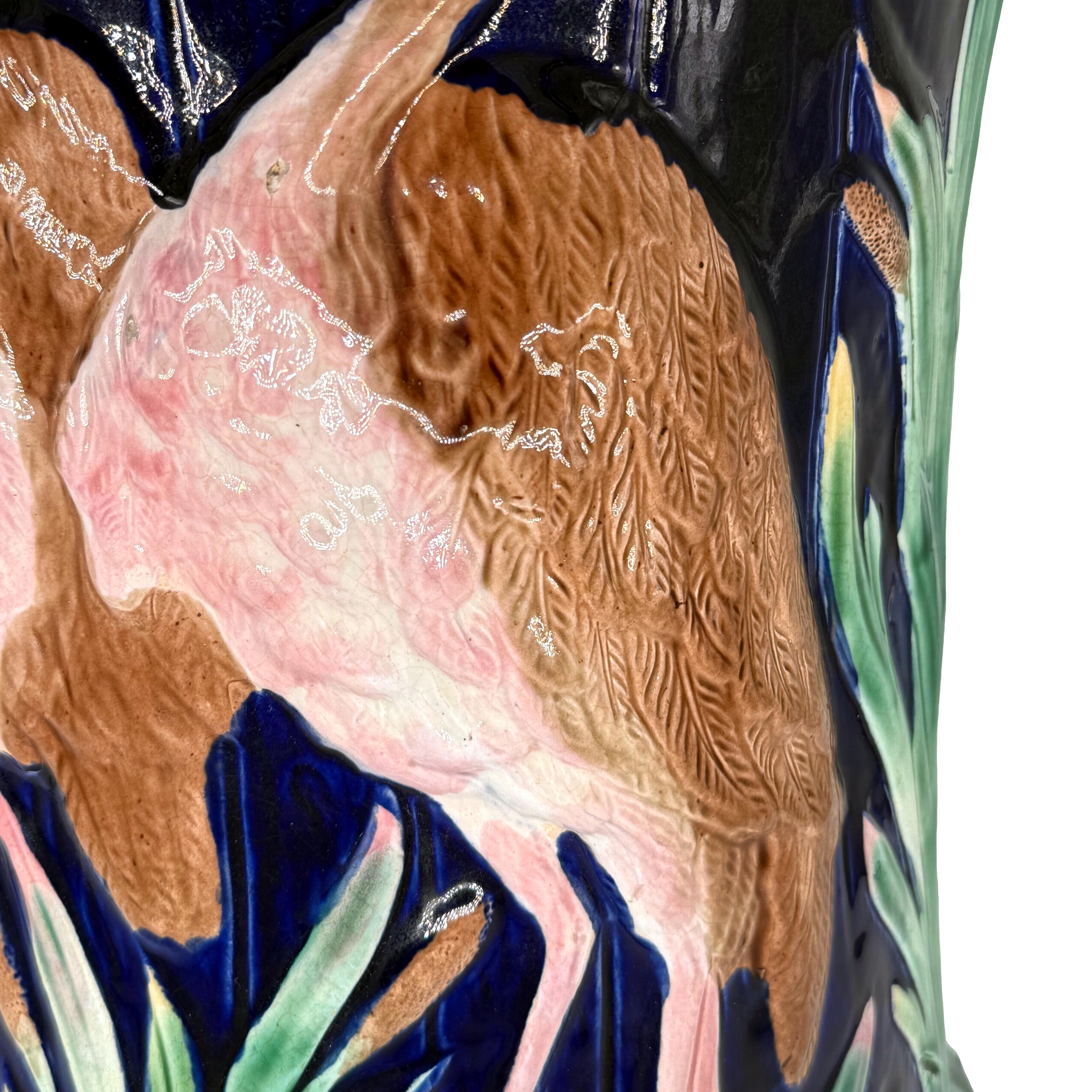 A Fielding Majolica Garden Seat with Cranes on Cobalt Blue, English, ca. 1880 For Sale 1