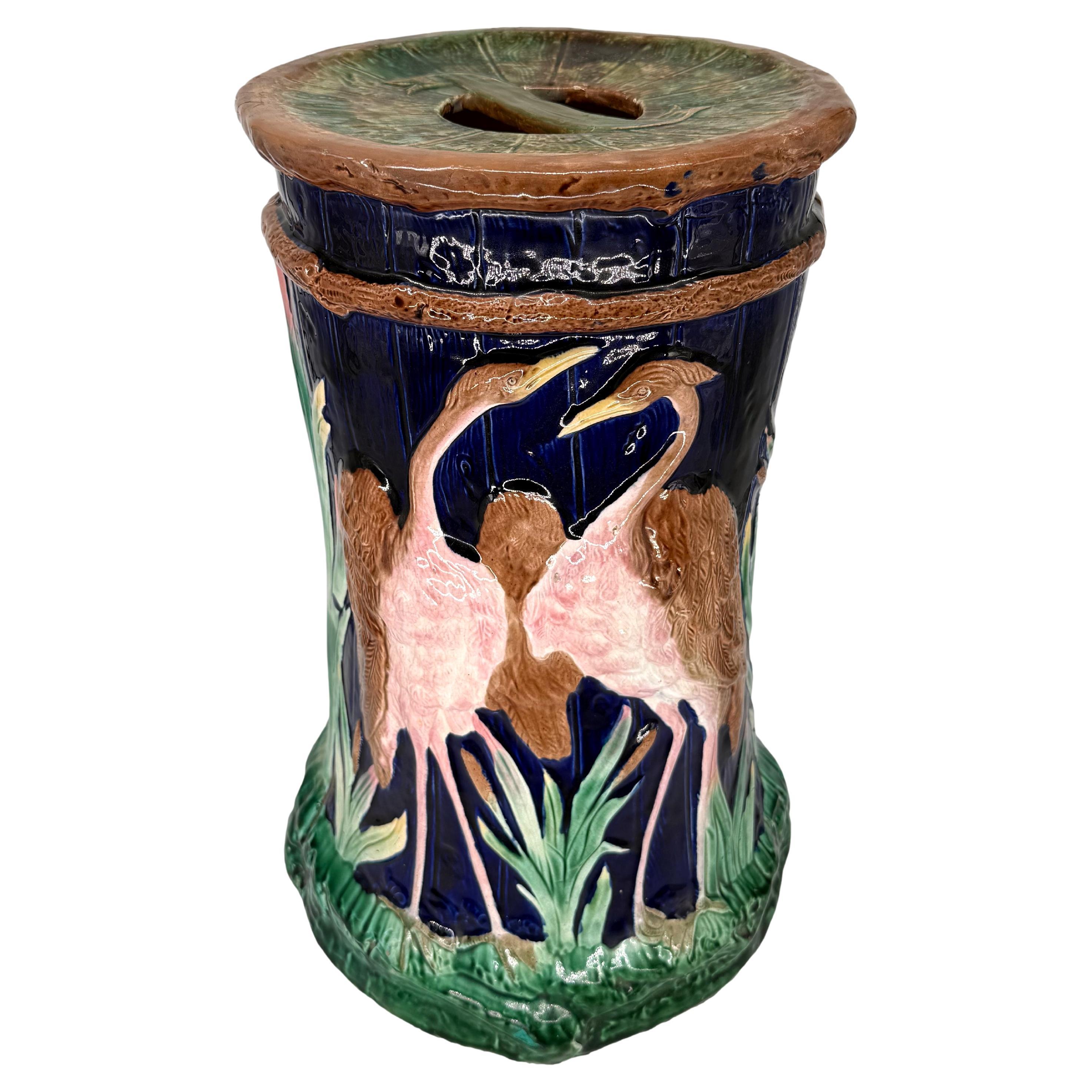 A Fielding Majolica Garden Seat with Cranes on Cobalt Blue, English, ca. 1880 For Sale
