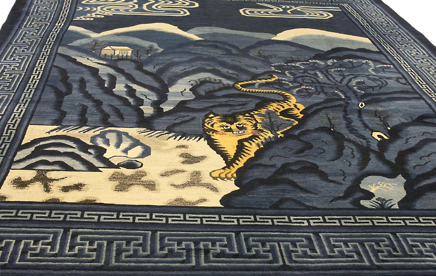Chinese Tiger Rug Antique Peking Midnight Blue, ca. 1900 For Sale