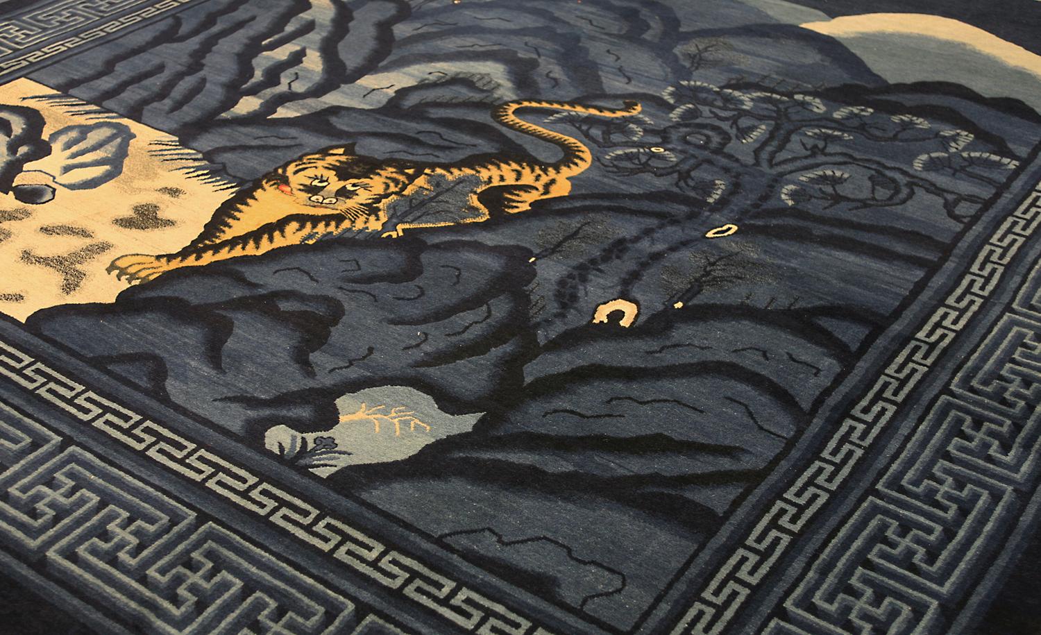 Wool Tiger Rug Antique Peking Midnight Blue, ca. 1900 For Sale