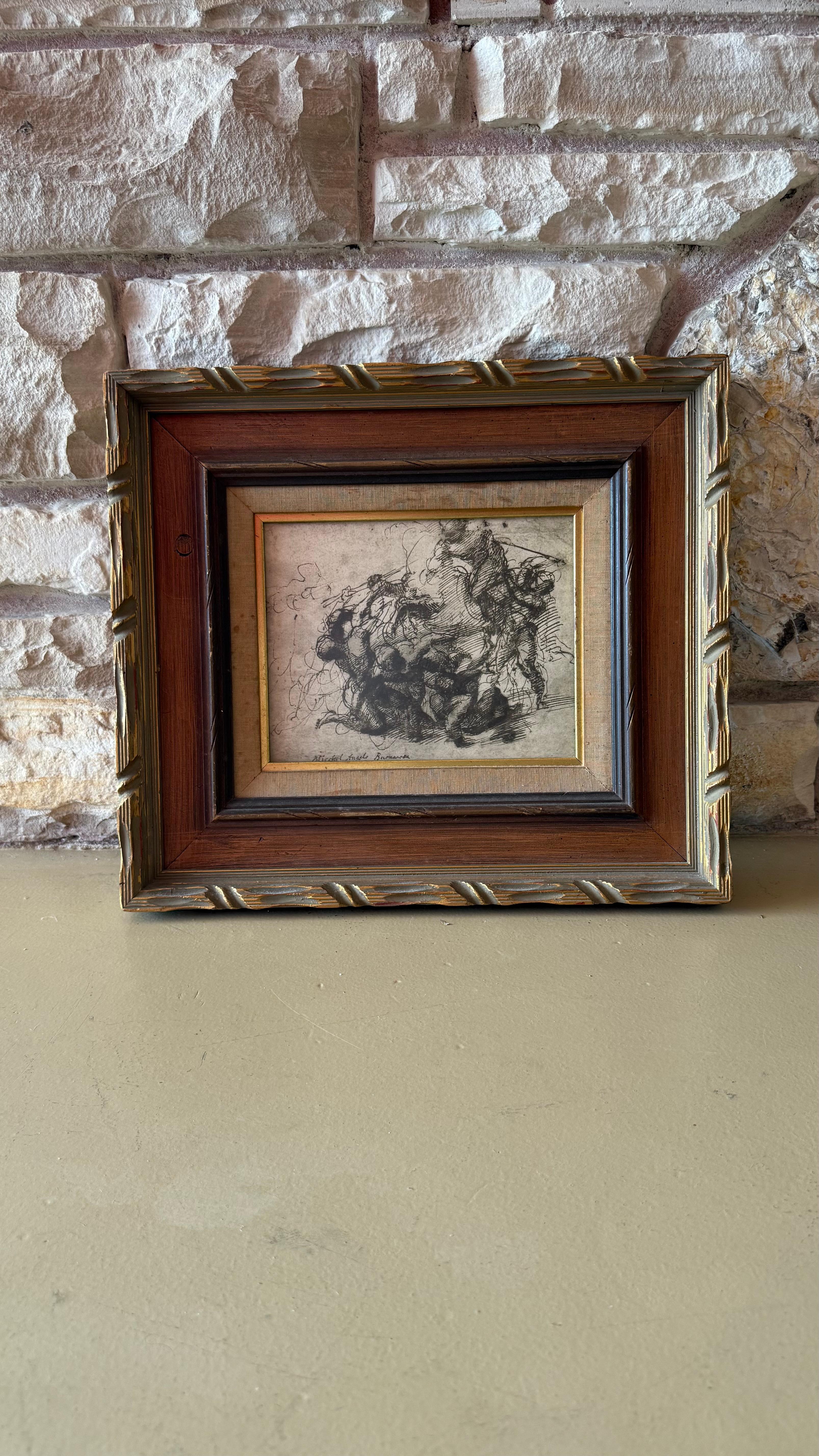 Riproduzione figurativa e gestuale di un disegno di Michael Angelo Buonarosa della fine del XIX secolo. Wood è incorniciato in legno dorato e opacizzato in lino. La cornice è realizzata su misura in Messico.